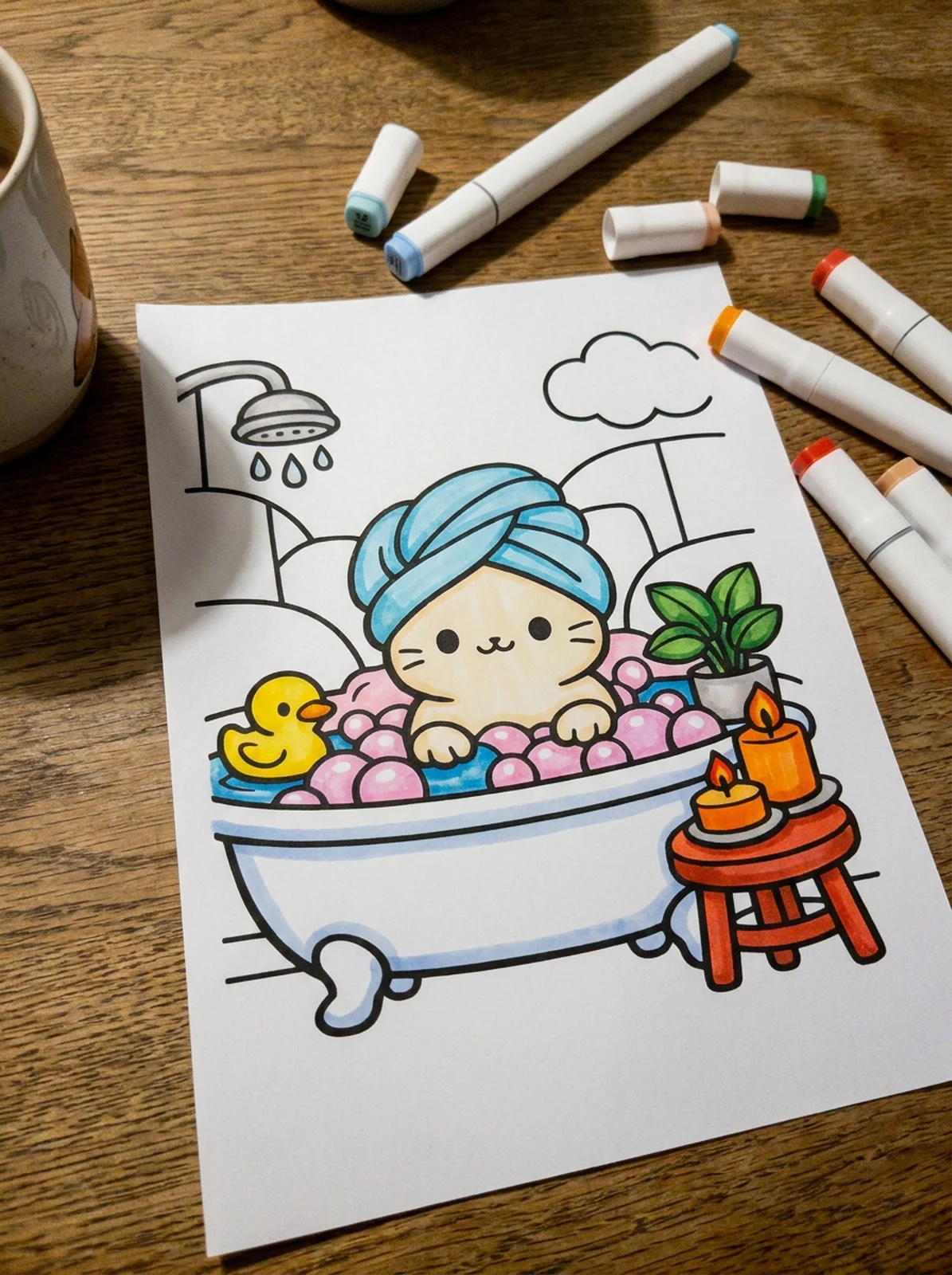 Cat Taking a Bubble Bath coloring page printed and half colored with markers