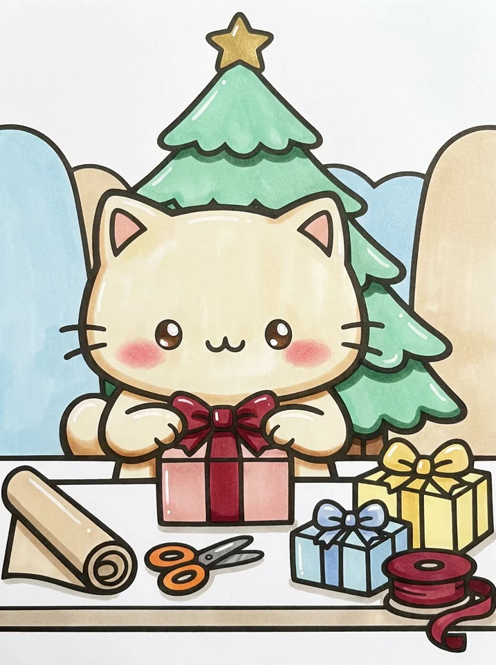 Cat Wrapping Christmas Presents coloring page, colored in