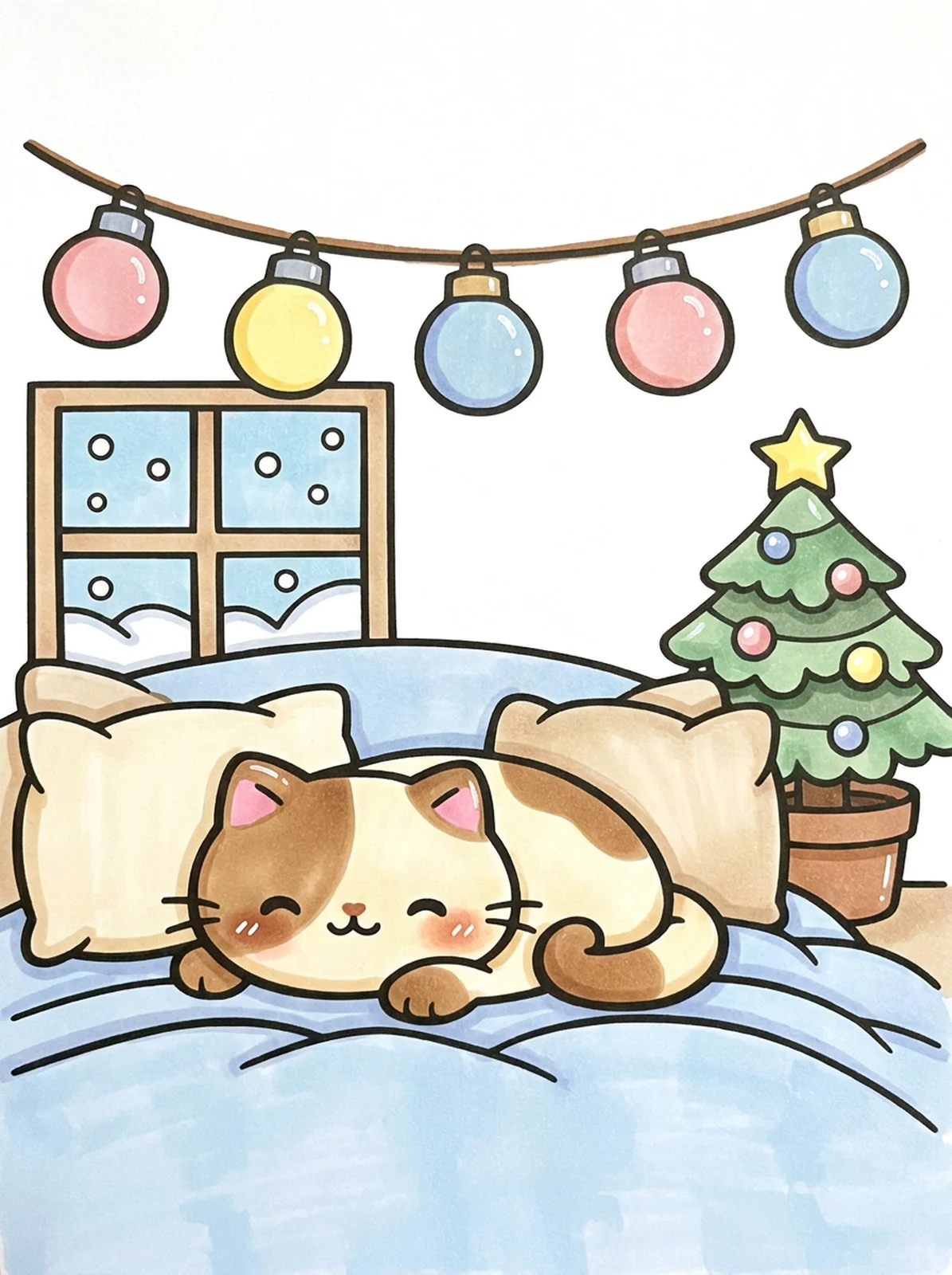 Christmas Bedroom with Fairy Lights coloring page, colored in