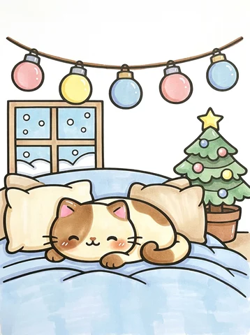 Christmas Bedroom with Fairy Lights coloring page, colored in