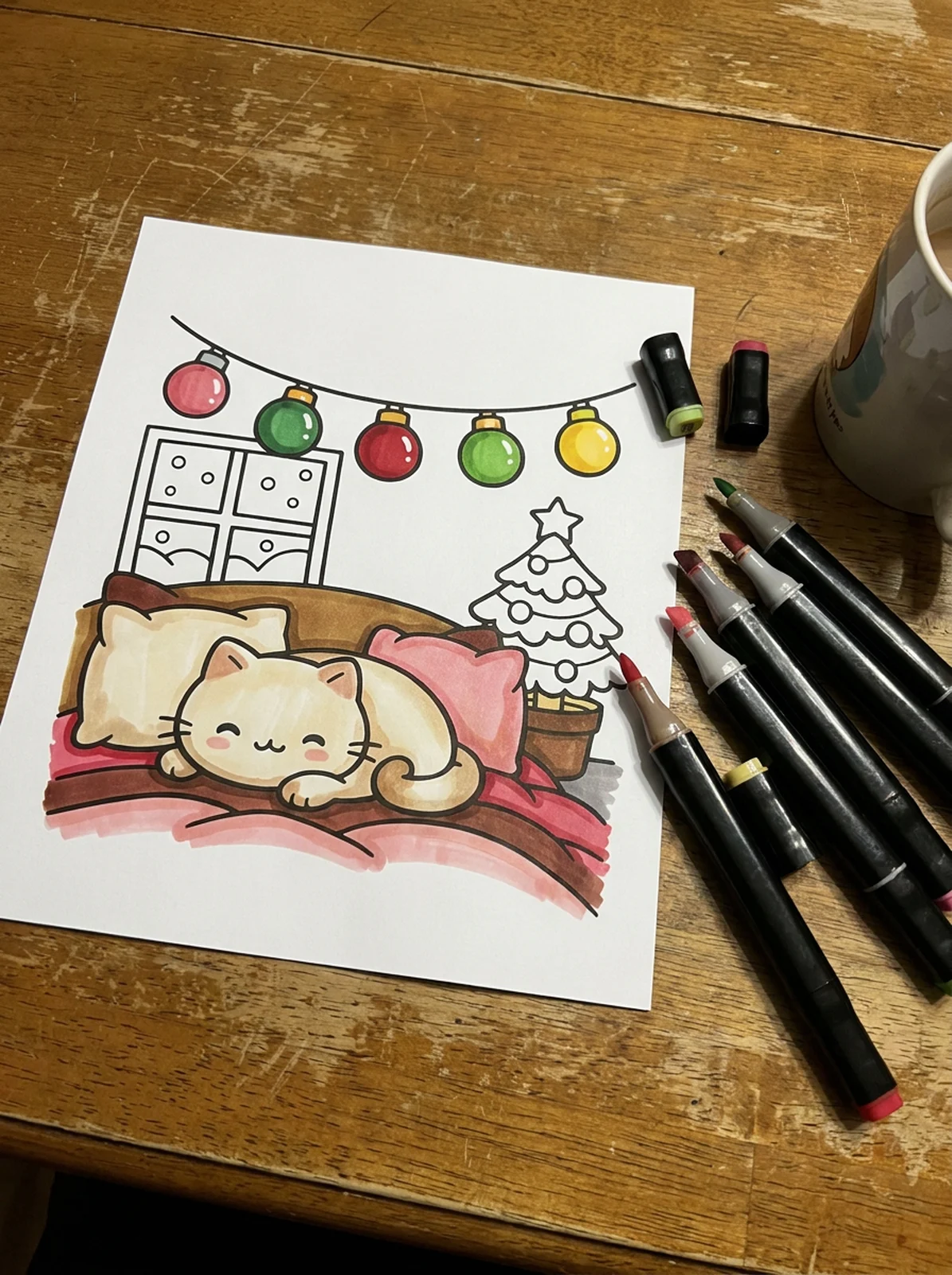 Christmas Bedroom with Fairy Lights coloring page printed and half colored with markers