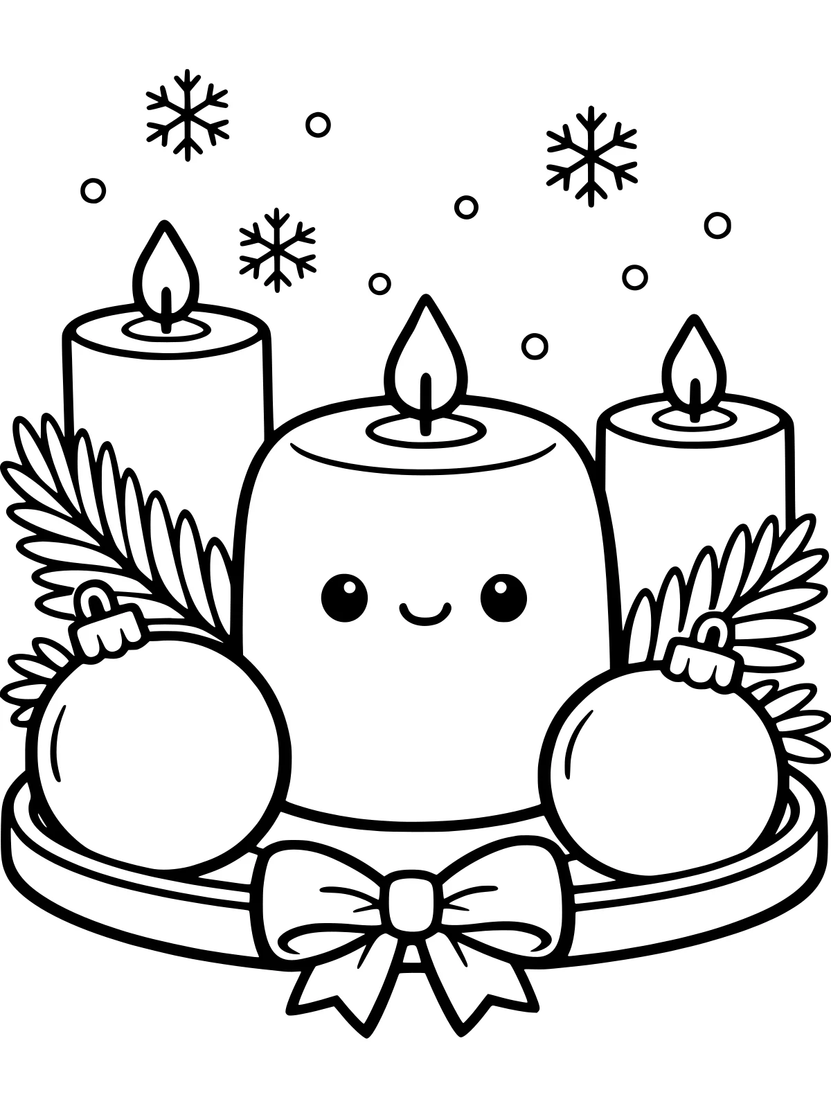 Christmas Candles with Pine Branches coloring page: three big pillar candles of different heights glow on a round tray with two pine branches, two big ornaments and a ribbon bow, bold and easy line art