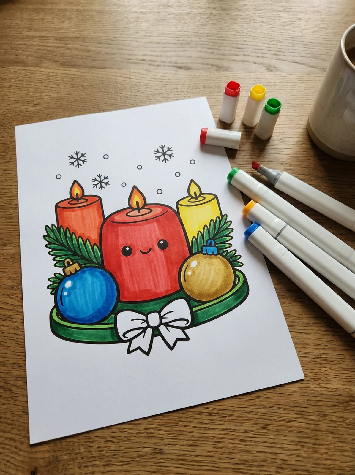 Christmas Candles with Pine Branches coloring page printed and half colored with markers