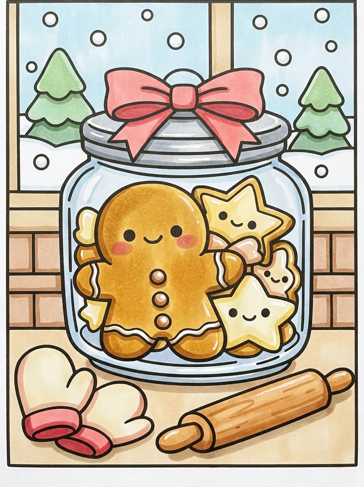 Christmas Cookie Jar with Mittens coloring page, colored in