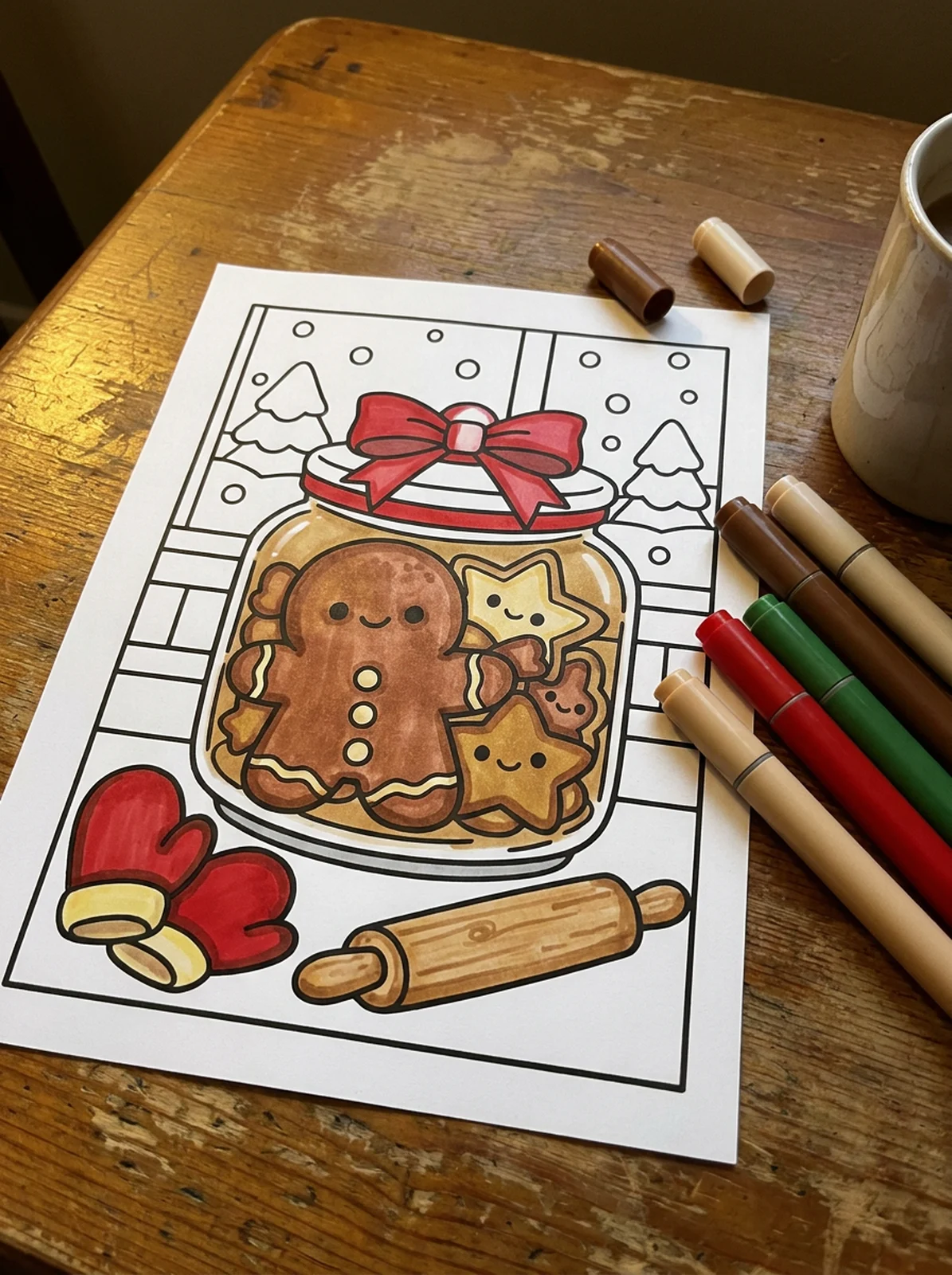 Christmas Cookie Jar with Mittens coloring page printed and half colored with markers