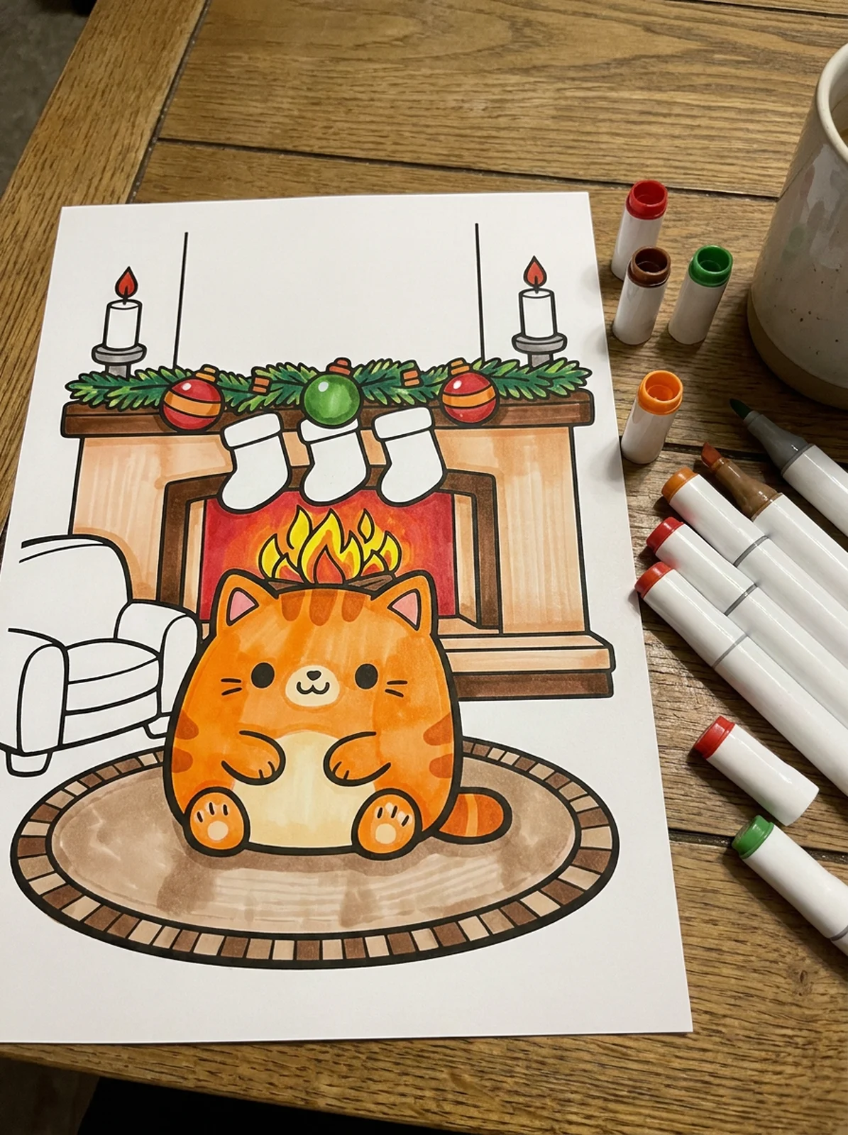 Christmas Fireplace with Stockings coloring page printed and half colored with markers