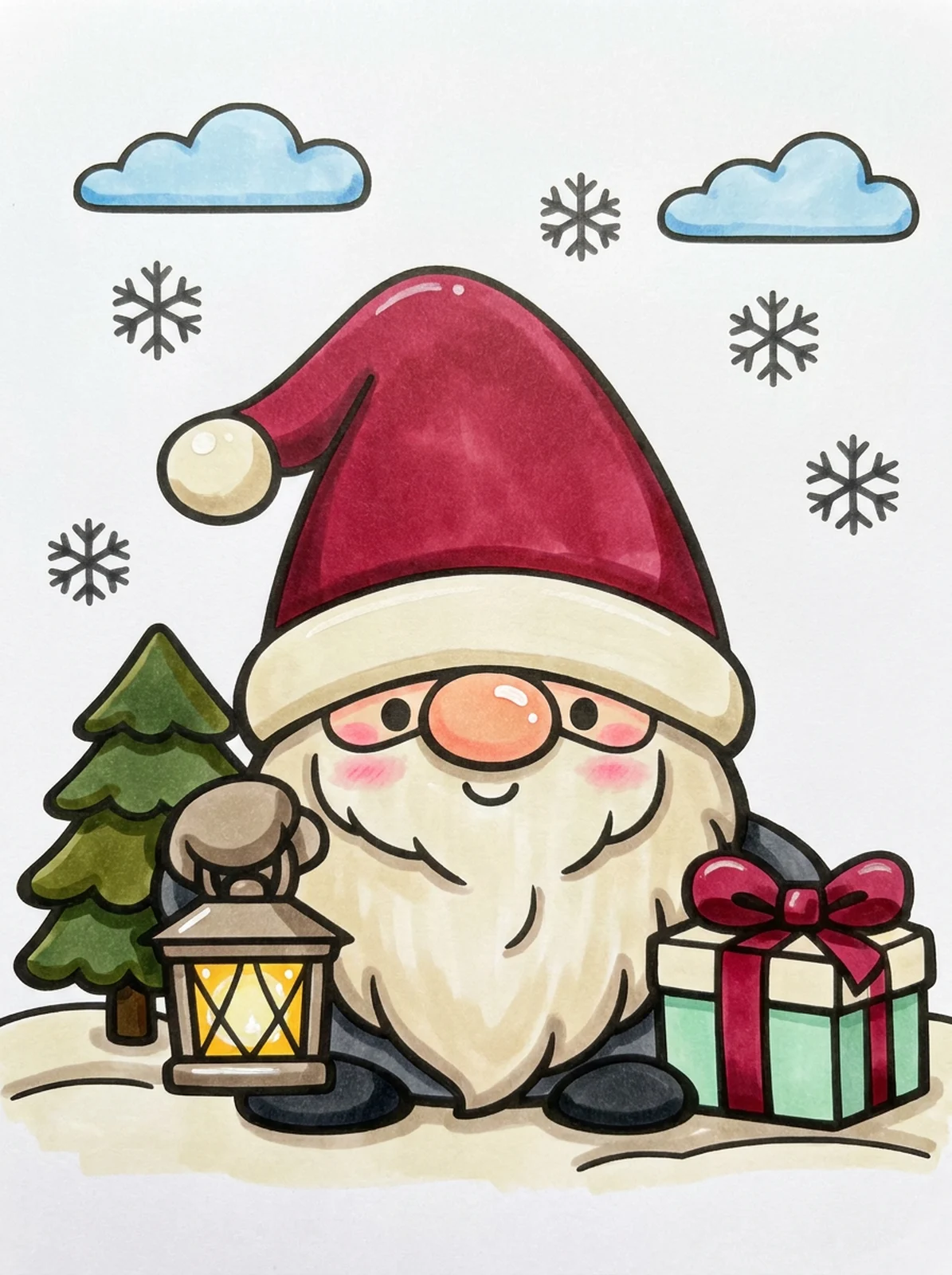 Christmas Gnome with a Lantern coloring page, colored in