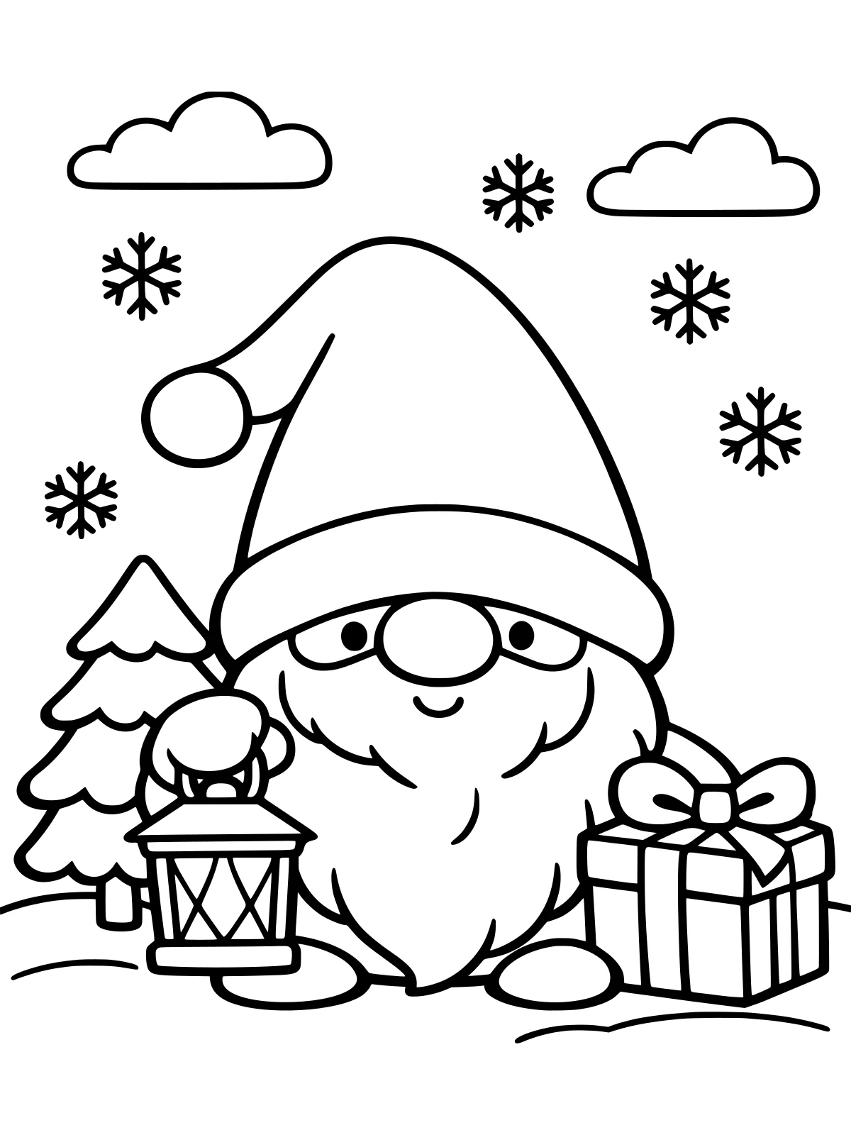 Christmas Gnome with a Lantern coloring page: a round christmas gnome with a big pointed hat and a smooth beard holds a glowing lantern beside a pine tree and a gift, bold and easy line art