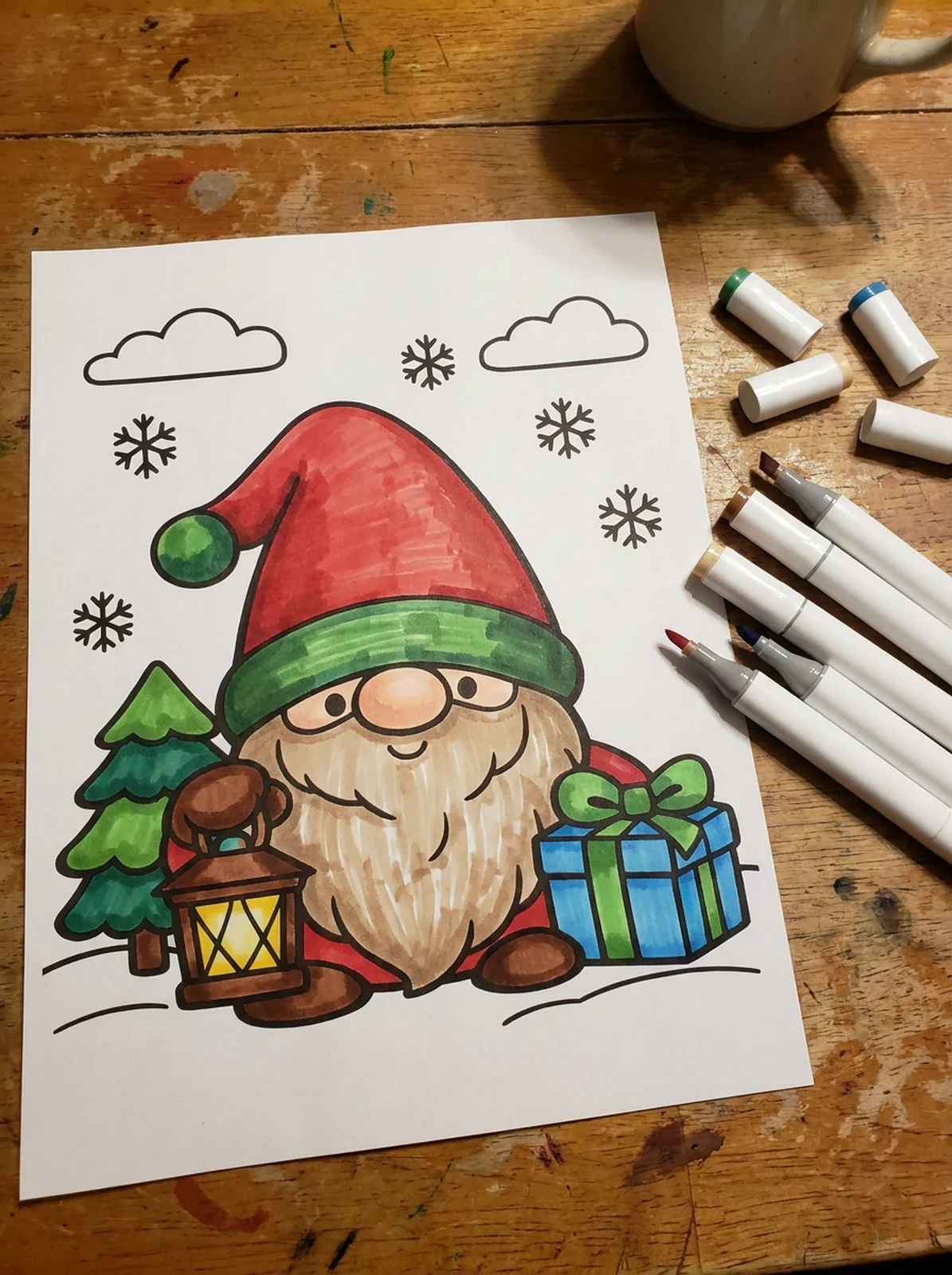 Christmas Gnome with a Lantern coloring page printed and half colored with markers
