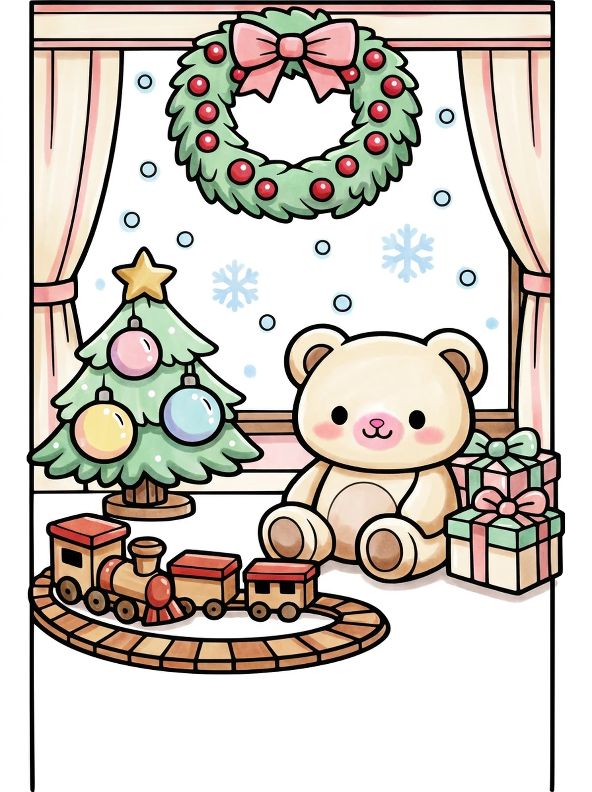 Christmas Shop Window with a Toy Train coloring page, colored in