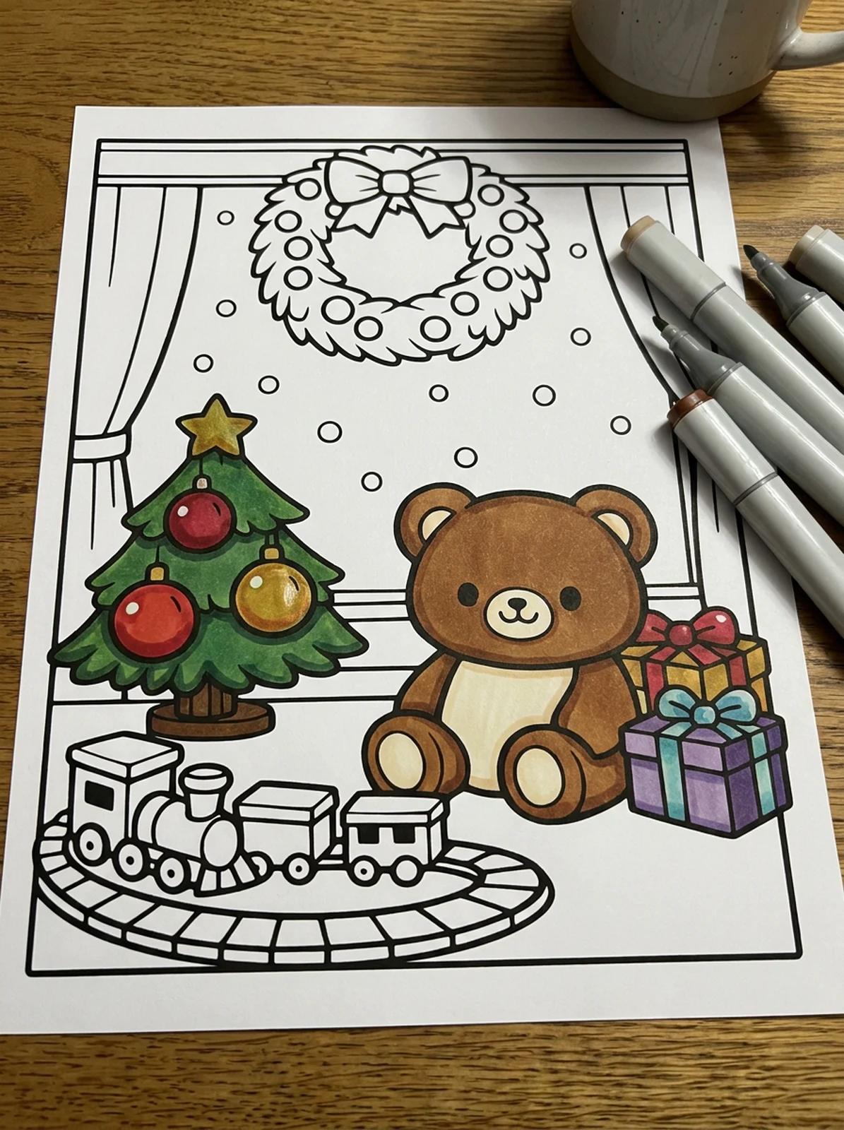 Christmas Shop Window with a Toy Train coloring page printed and half colored with markers