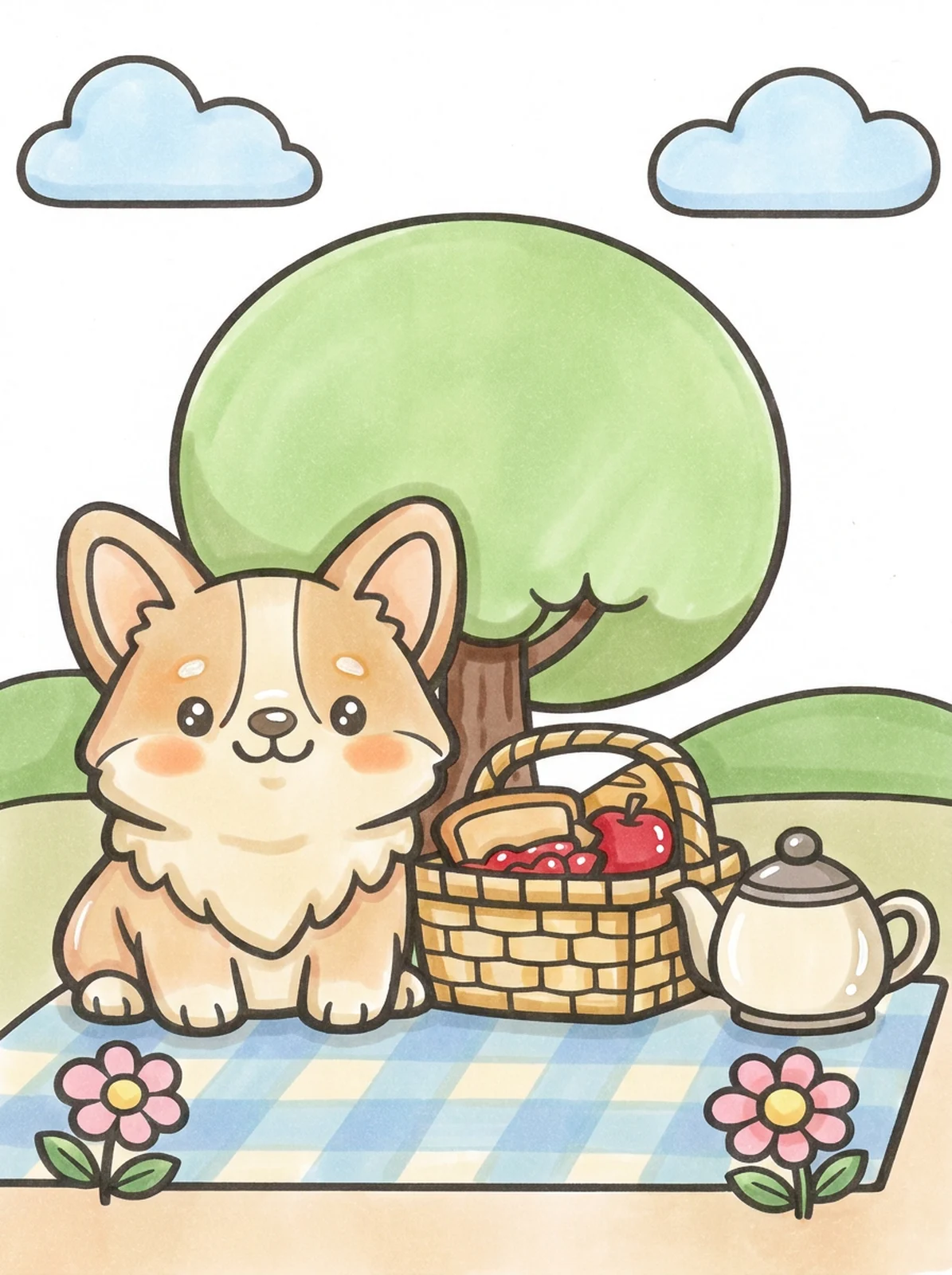 Corgi with a Picnic Basket coloring page, colored in