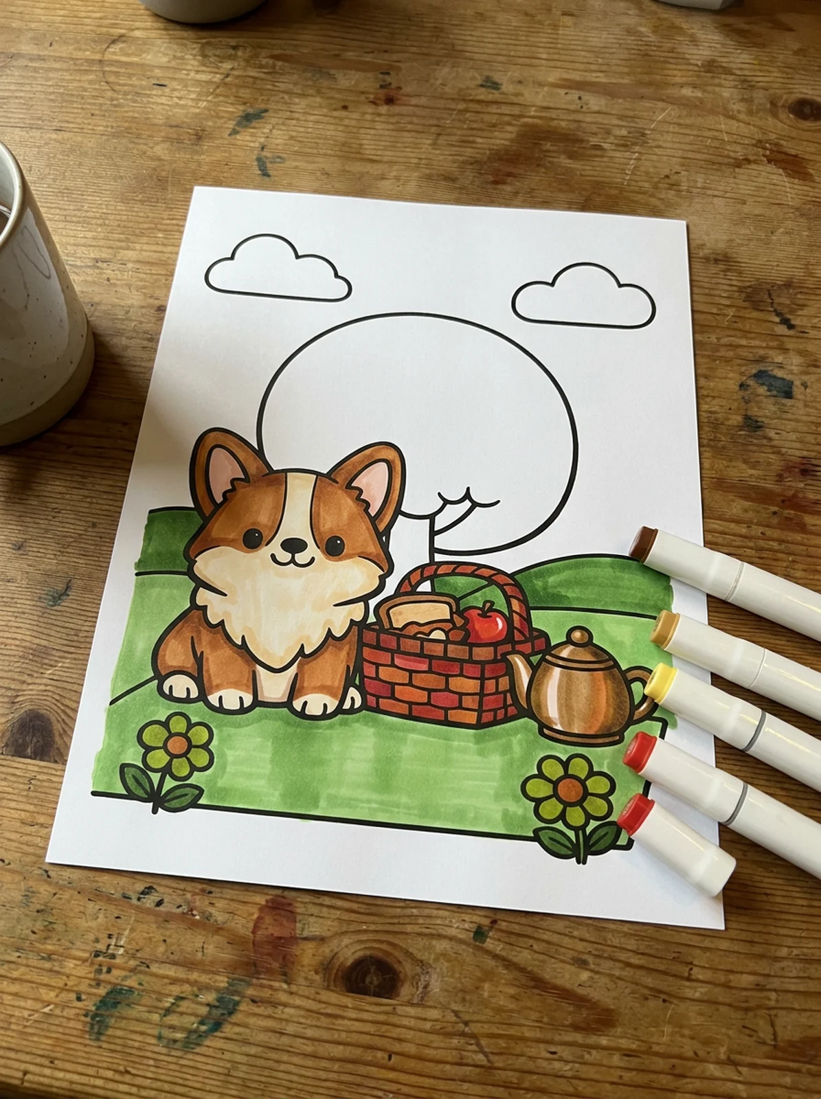 Corgi with a Picnic Basket coloring page printed and half colored with markers