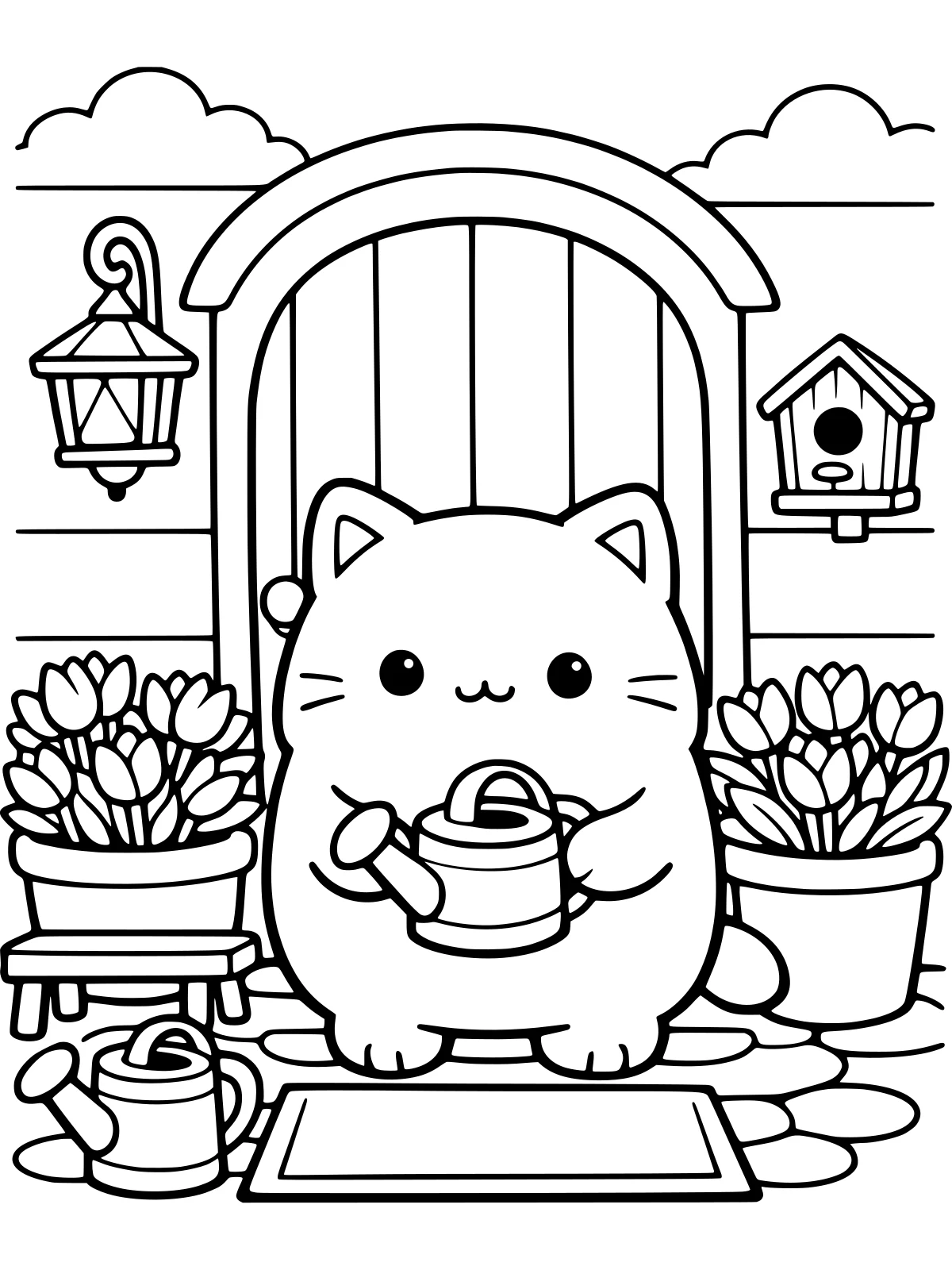 Cottage Front Door with Flowers coloring page: a round cat holds a watering can at a round-topped cottage door, with a lantern, pots of tulips, a doormat, a little bench and a birdhouse, bold and easy line art