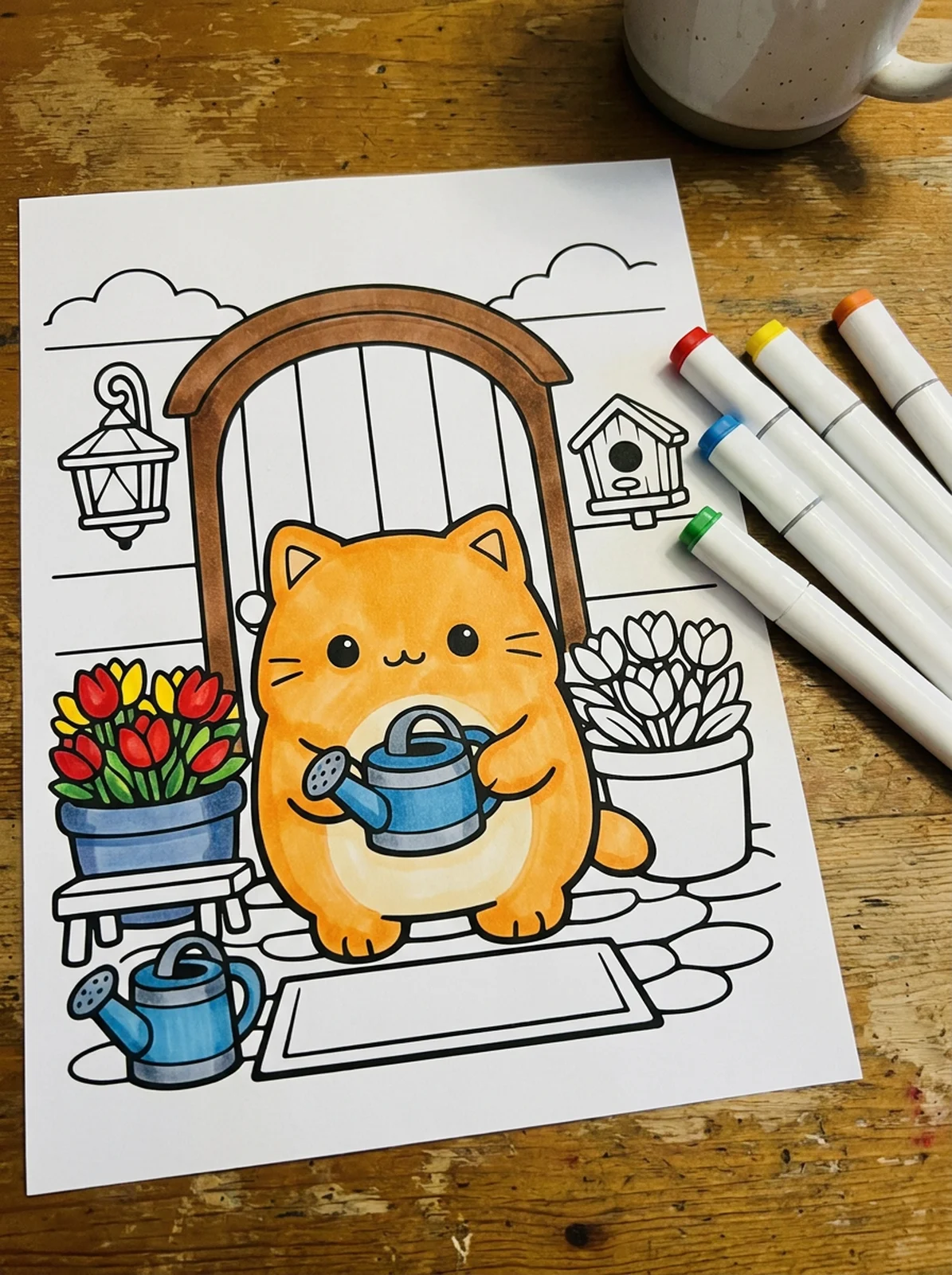 Cottage Front Door with Flowers coloring page printed and half colored with markers
