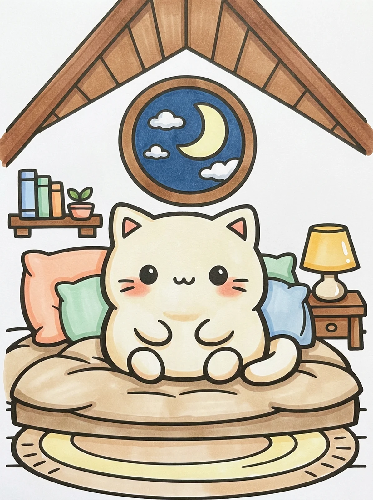 Cozy Attic Bedroom coloring page, colored in