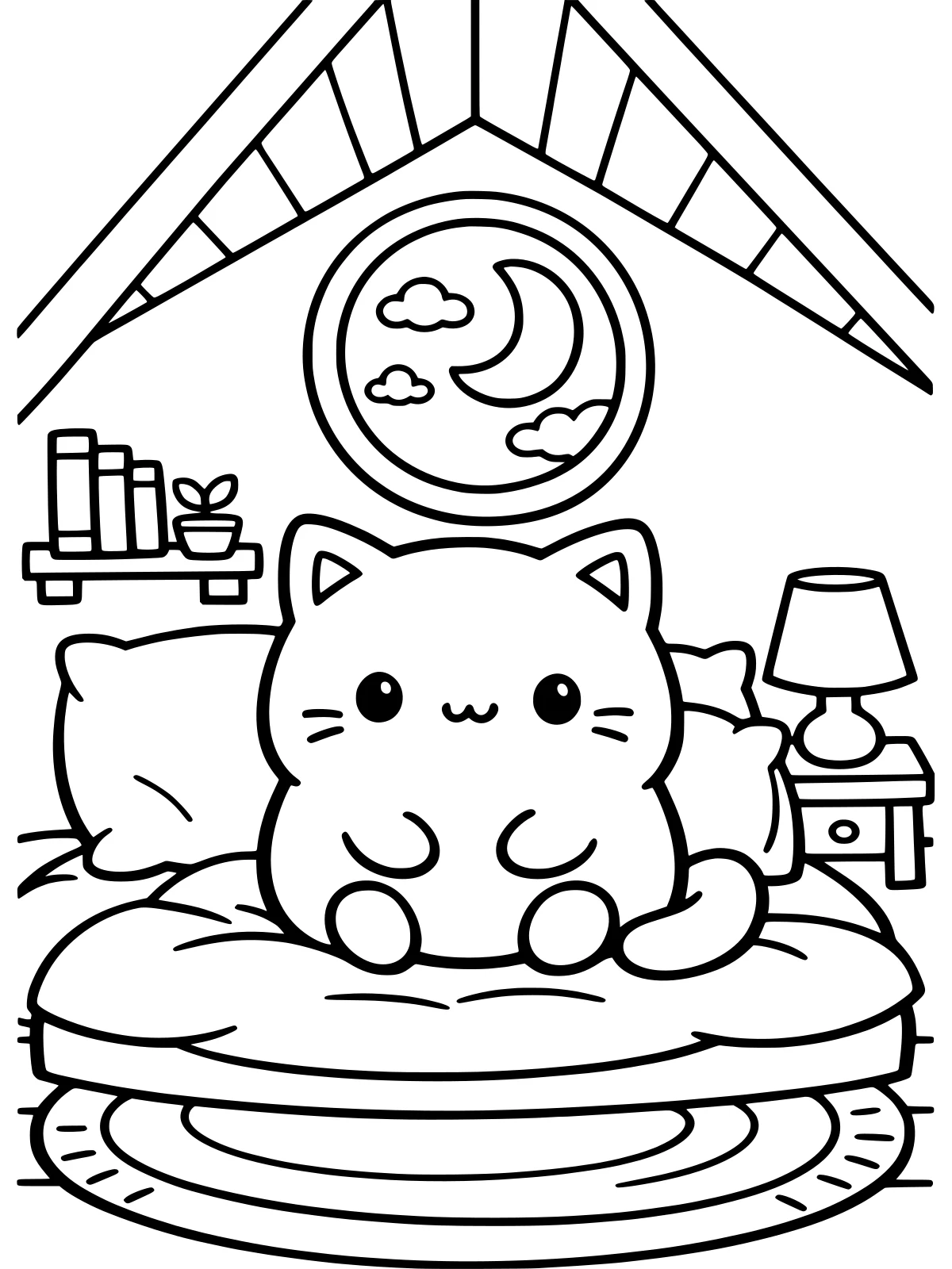 Cozy Attic Bedroom coloring page: a cat sits on a big round bed in a cozy attic under a slanted roof, with a round window showing the moon, a short bookshelf and a lamp, bold and easy line art