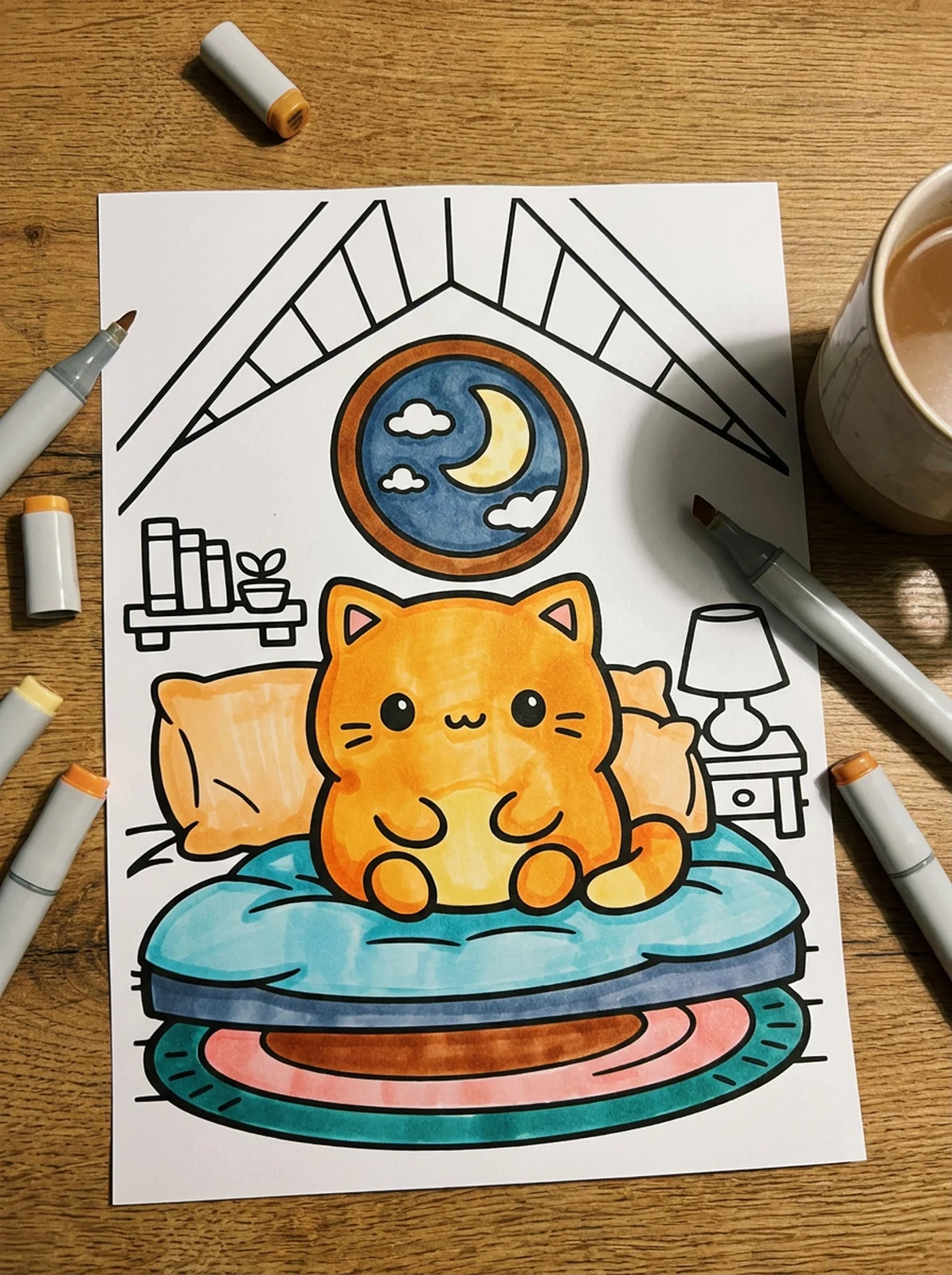 Cozy Attic Bedroom coloring page printed and half colored with markers