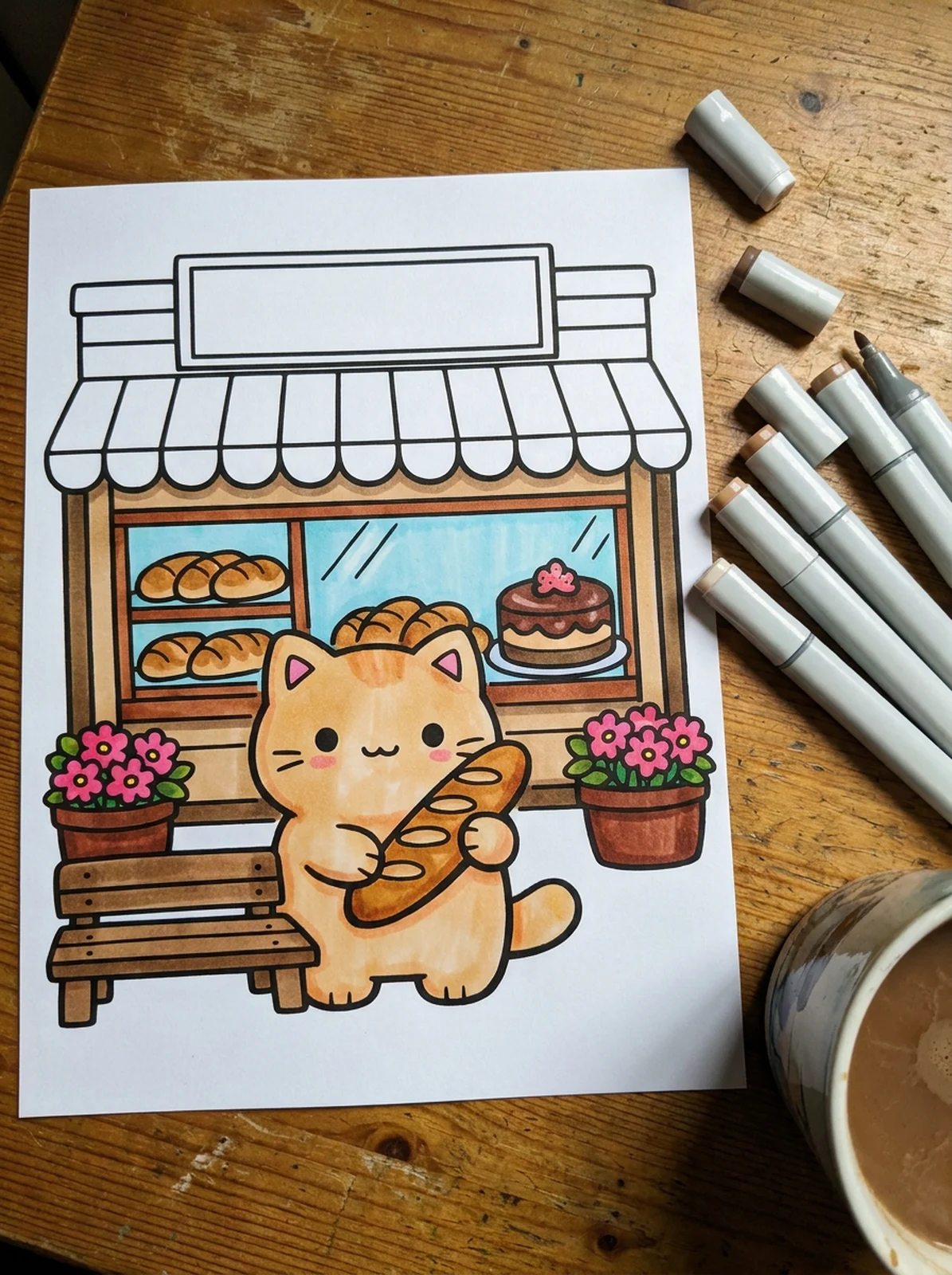 Cozy Bakery Storefront coloring page printed and half colored with markers