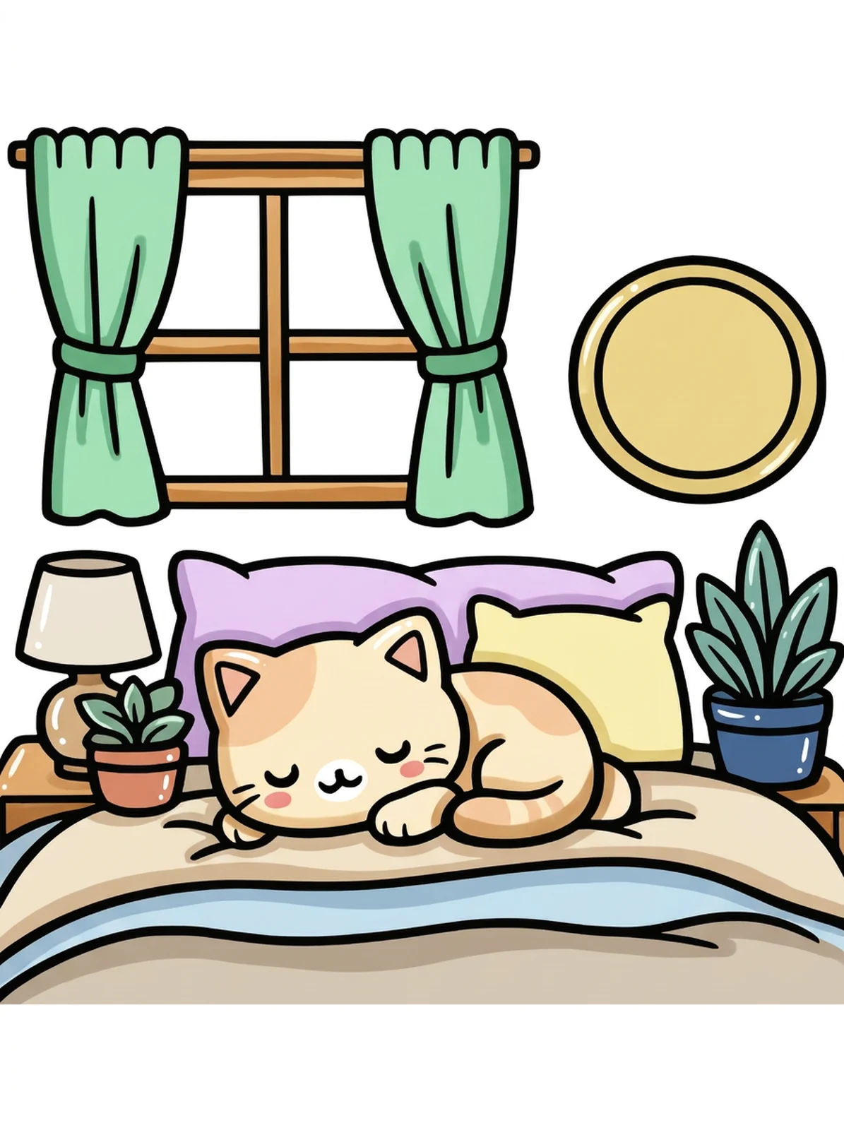 Cozy Bedroom with Plants and a Lamp coloring page, colored in