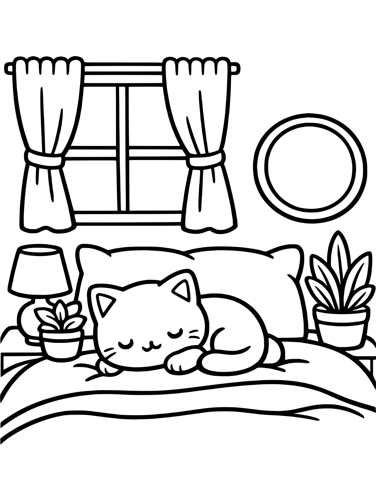 Cozy Bedroom with Plants and a Lamp coloring page: a cozy bedroom with a kitten asleep on a bed of big pillows, a bedside lamp, two potted plants, a round mirror and a window, bold and easy line art