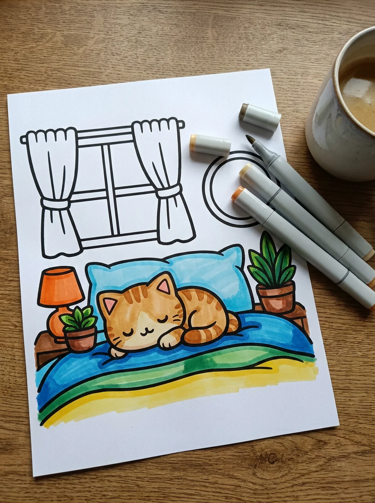 Cozy Bedroom with Plants and a Lamp coloring page printed and half colored with markers