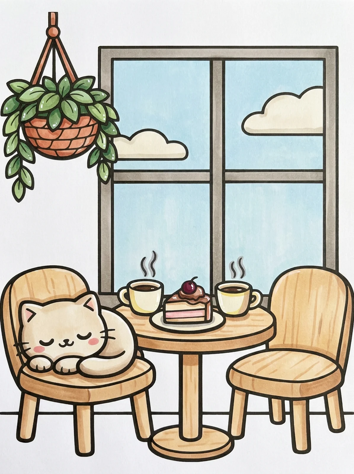 Cozy Cafe Corner with Plants coloring page, colored in