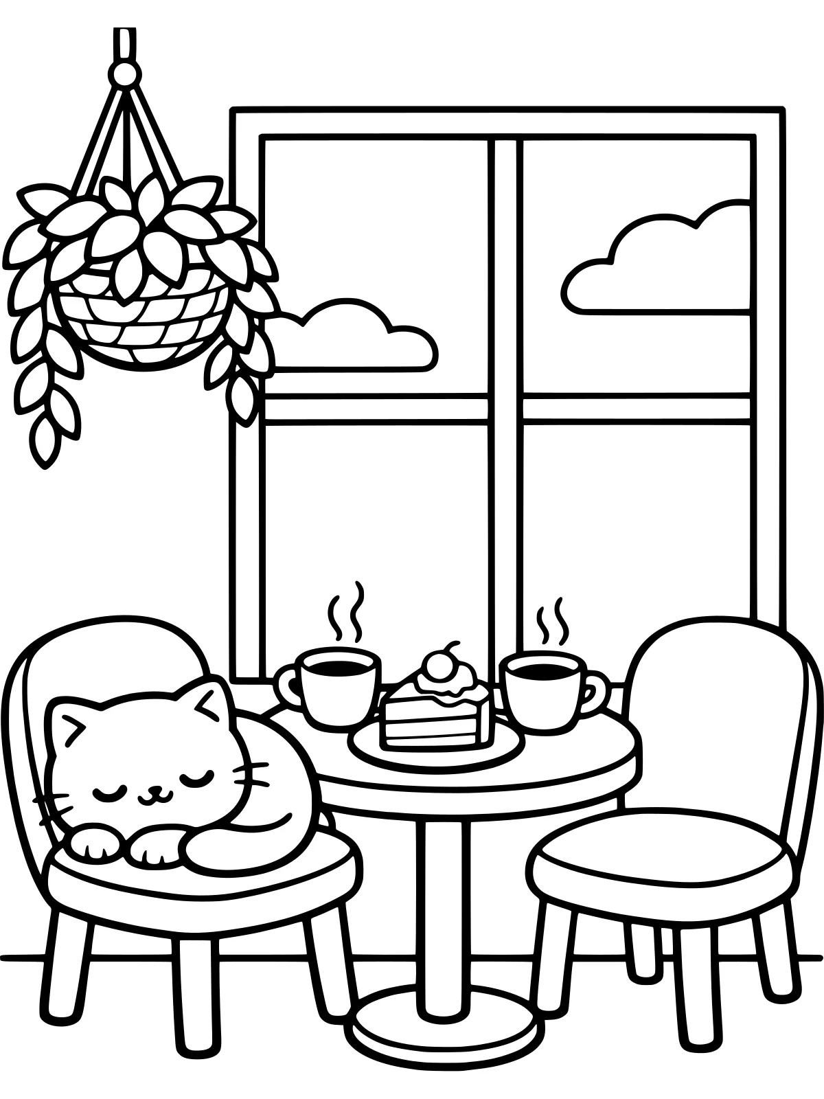 Cozy Cafe Corner with Plants coloring page: a cozy cafe corner with coffee and cake on a round table, a cat asleep on a chair, a big window and a hanging plant, bold and easy line art