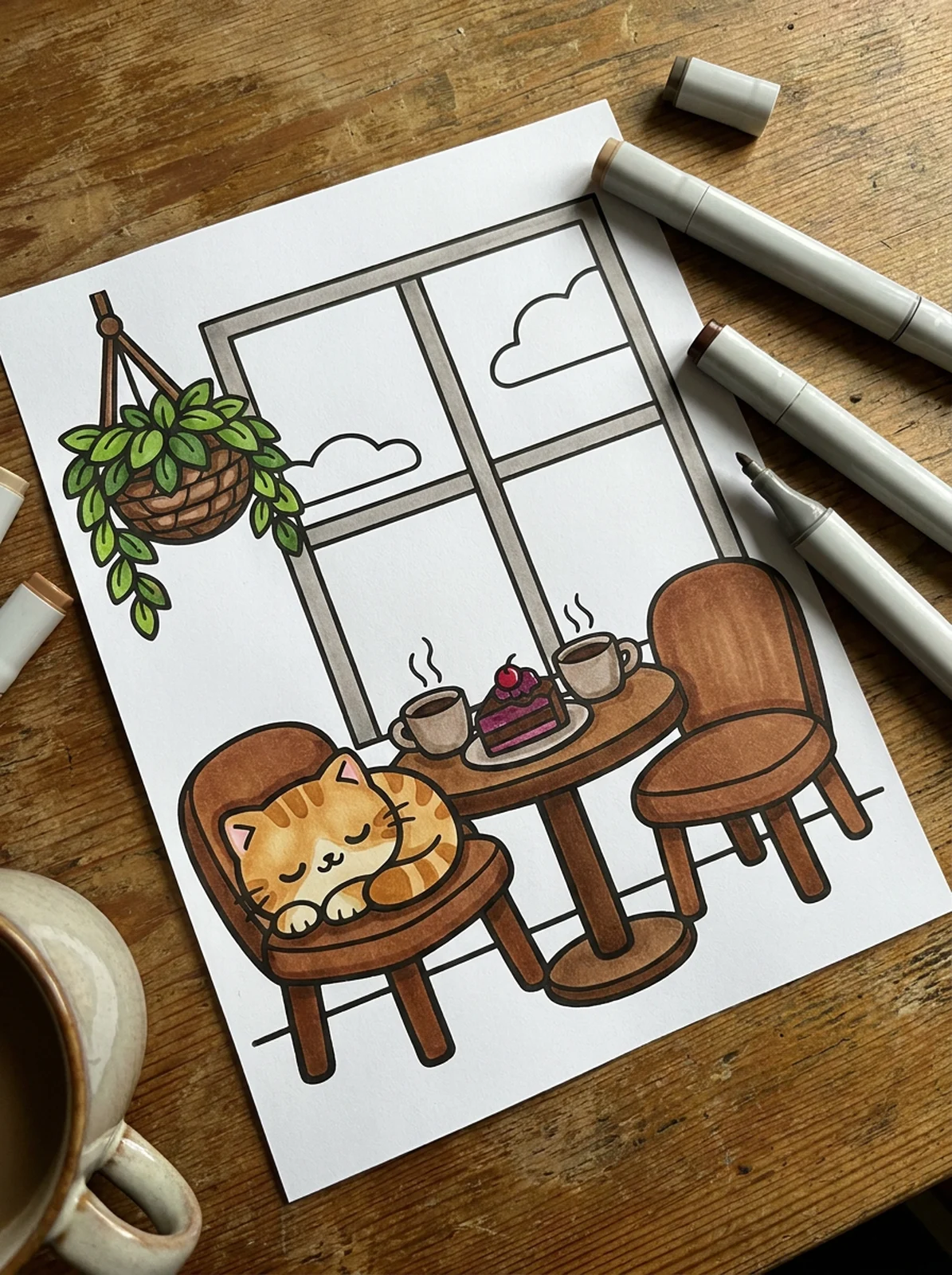 Cozy Cafe Corner with Plants coloring page printed and half colored with markers