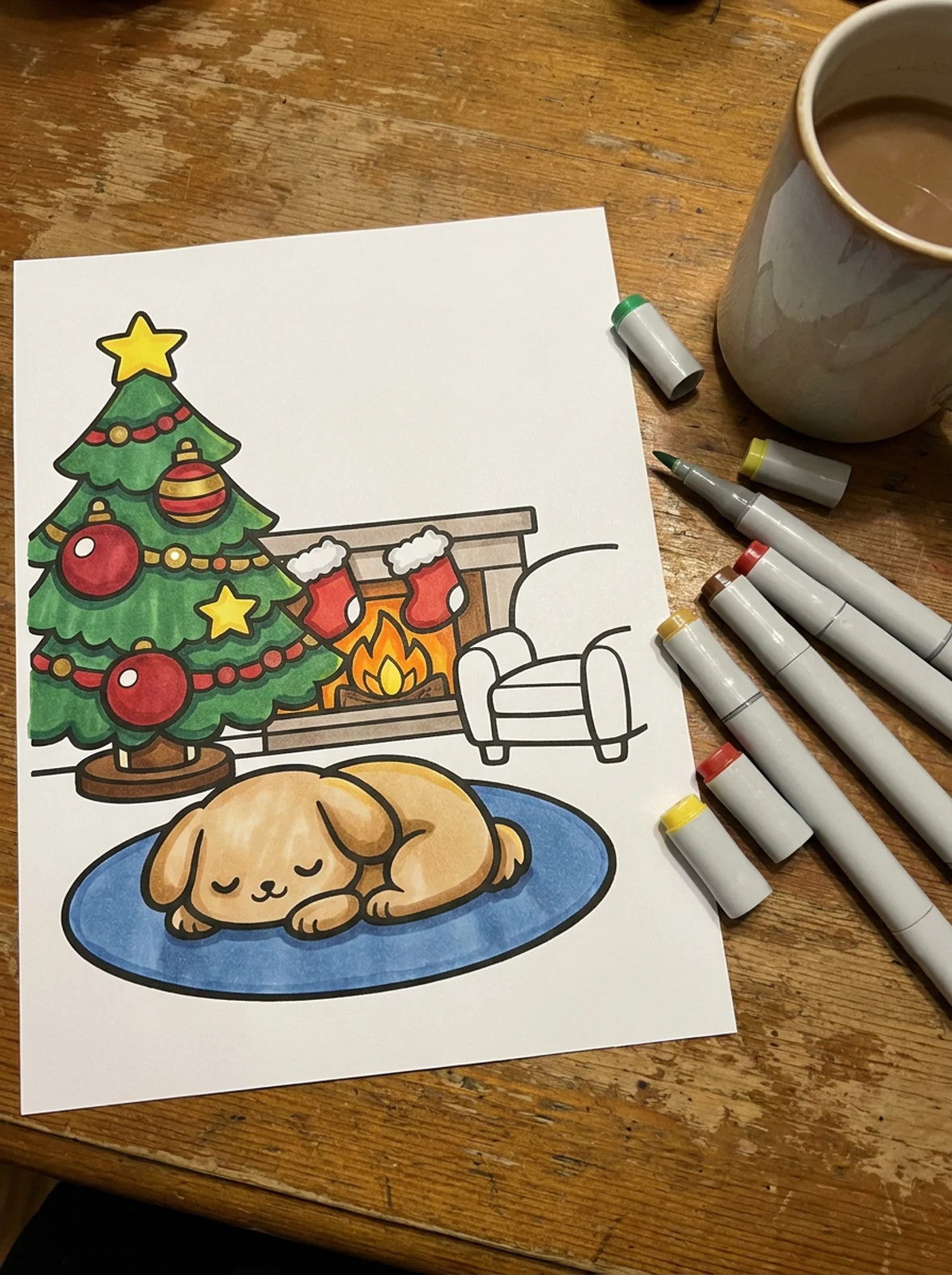 Cozy Christmas Living Room coloring page printed and half colored with markers