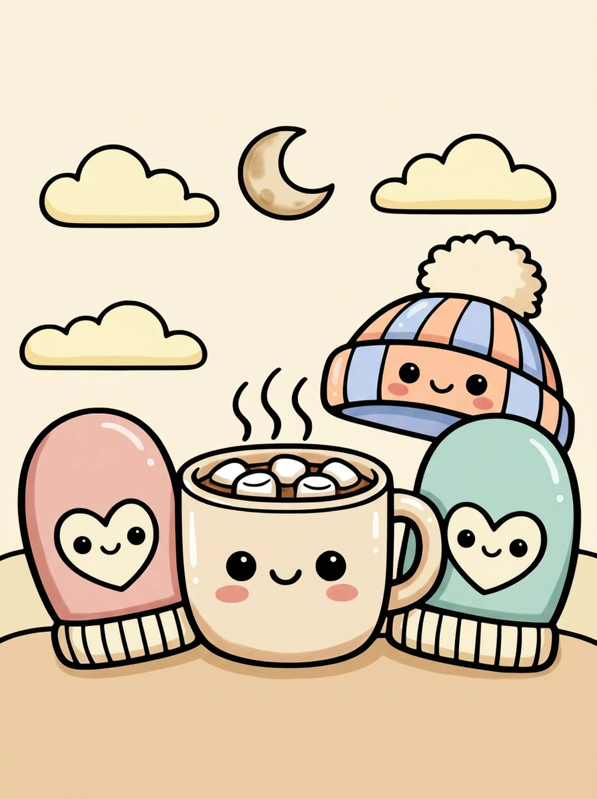 Cozy Mittens and a Warm Mug coloring page, colored in