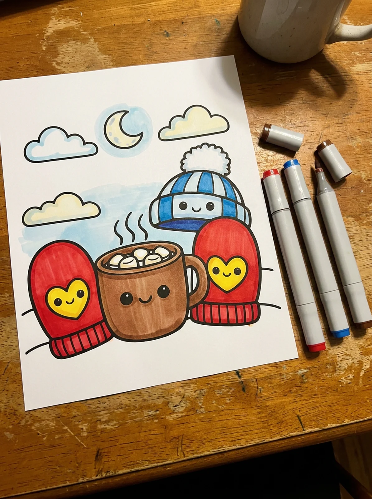Cozy Mittens and a Warm Mug coloring page printed and half colored with markers