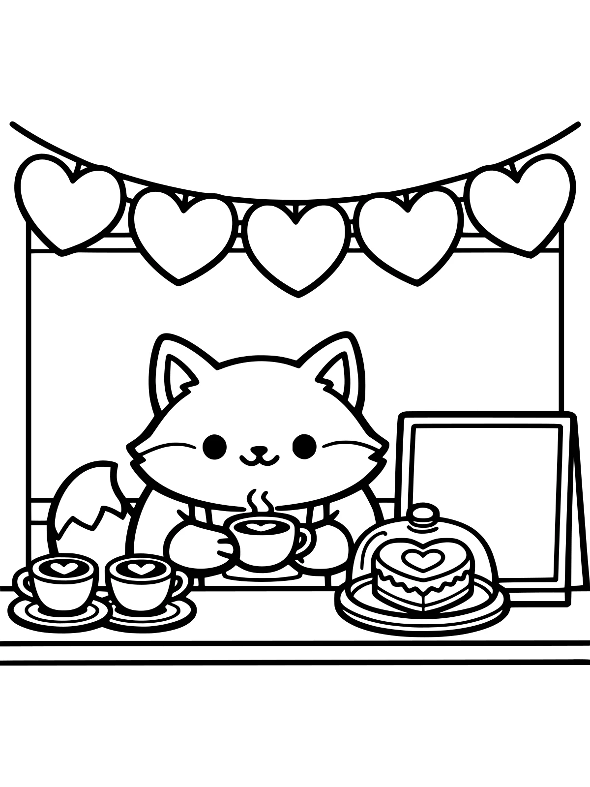 Cozy Valentine Cafe Counter coloring page: a round fox barista serves heart lattes at a little cafe counter hung with big hearts, beside a heart cake and a blank menu board, bold and easy line art