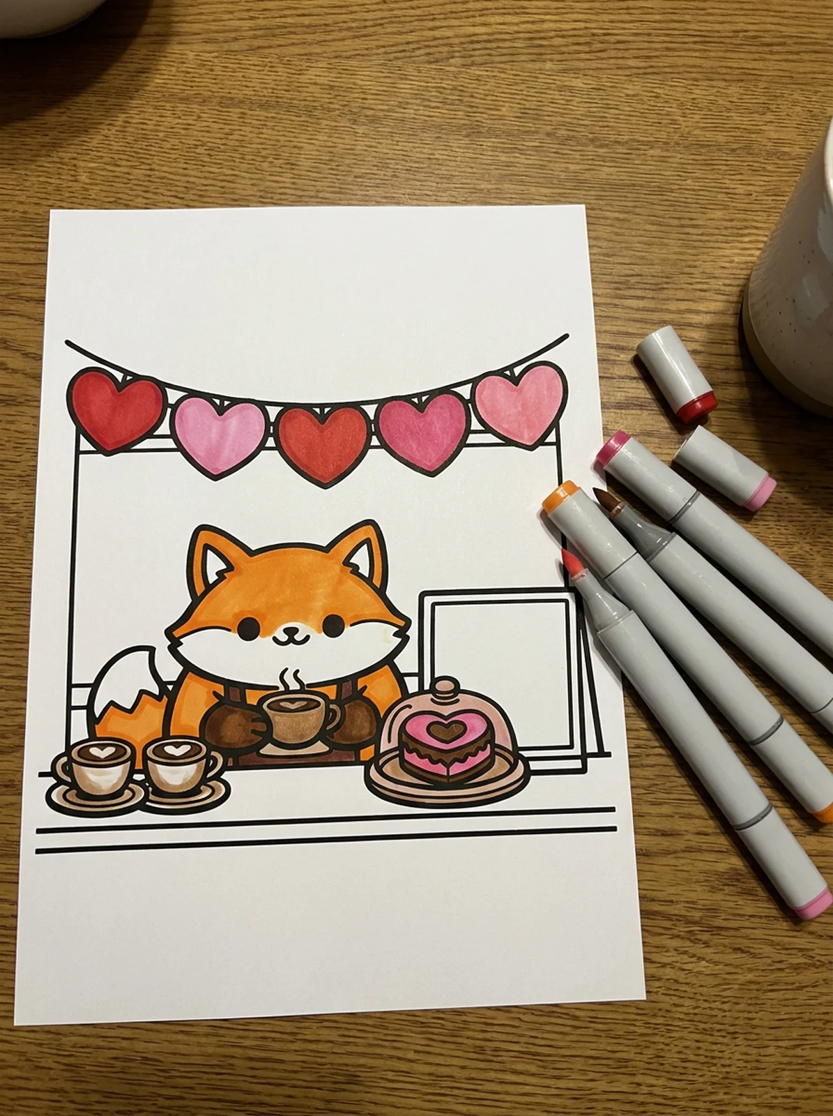 Cozy Valentine Cafe Counter coloring page printed and half colored with markers