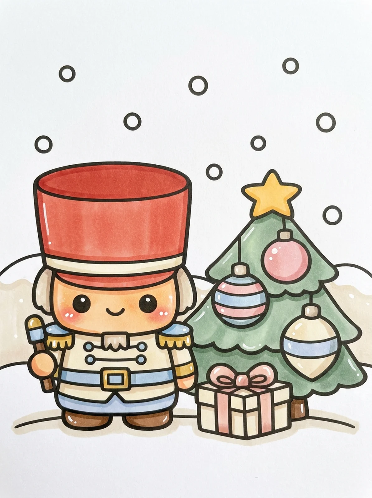 Cute Nutcracker by the Christmas Tree coloring page, colored in