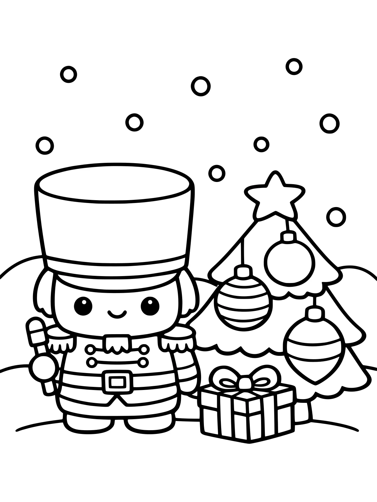 Cute Nutcracker by the Christmas Tree coloring page: a round, cute nutcracker soldier in a tall hat stands beside a little christmas tree with three big ornaments and a wrapped gift, bold and easy line art