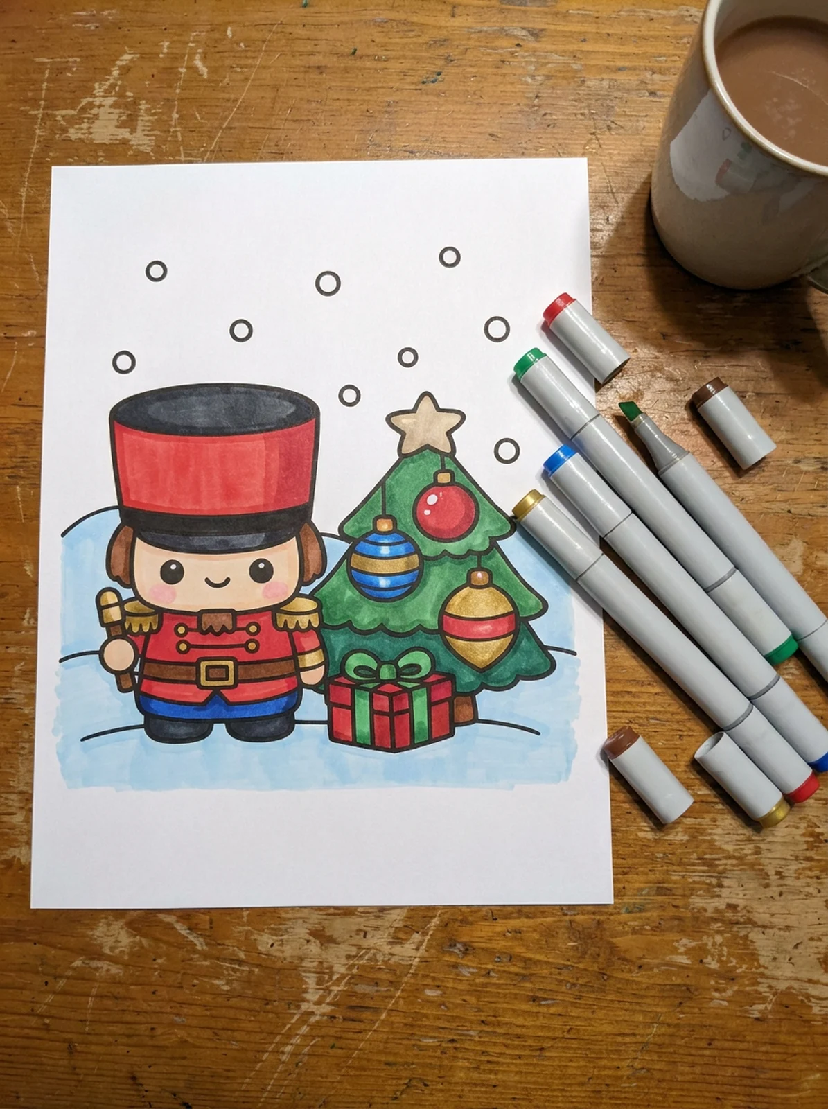 Cute Nutcracker by the Christmas Tree coloring page printed and half colored with markers