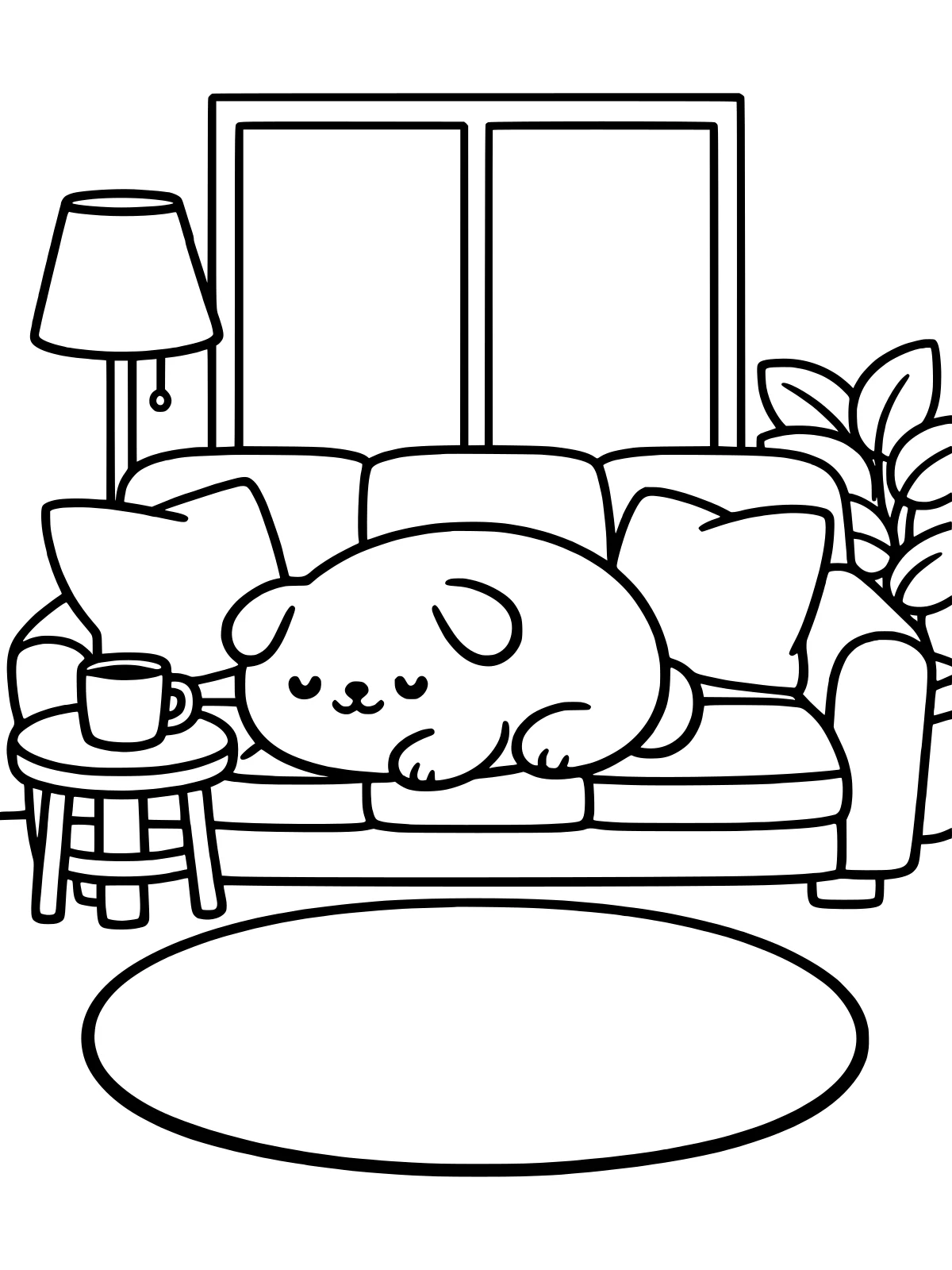 Dog Napping on a Cozy Sofa coloring page: a round dog naps on a big sofa in a cozy living room with cushions, a floor lamp, a mug on a side table and a plant, bold and easy line art