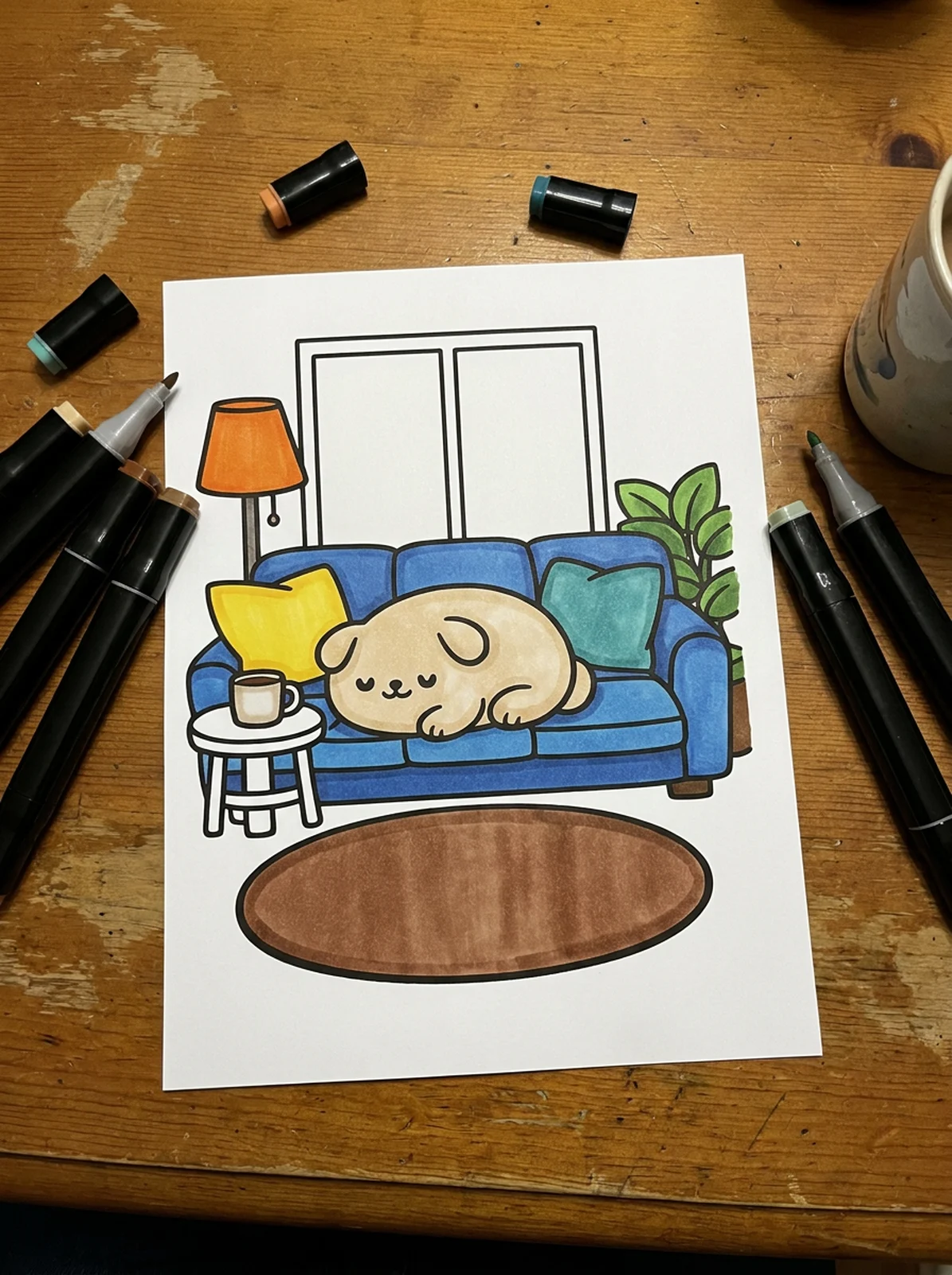 Dog Napping on a Cozy Sofa coloring page printed and half colored with markers