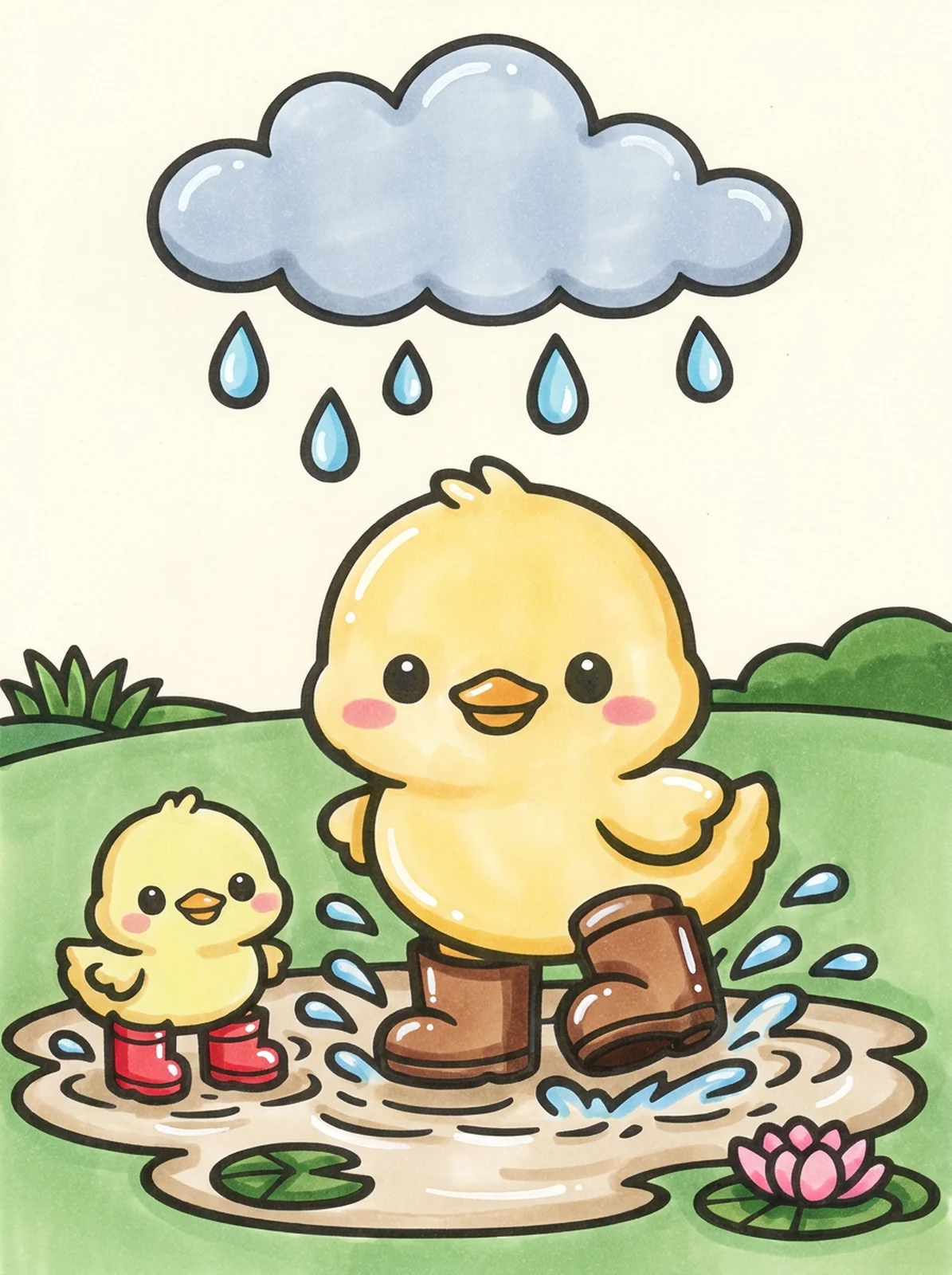 Ducklings Splashing in a Puddle coloring page, colored in