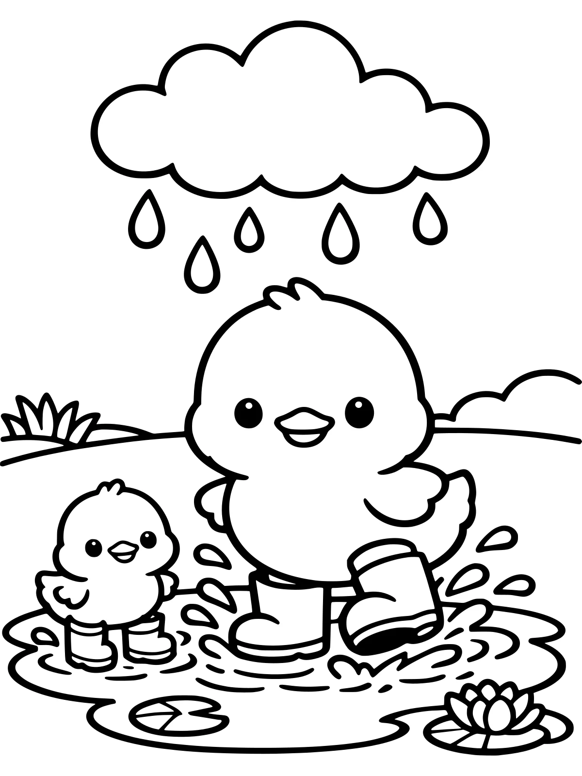 Ducklings Splashing in a Puddle coloring page: two fluffy ducklings in little rain boots splash happily in a big puddle under a cloud with big raindrops, bold and easy line art
