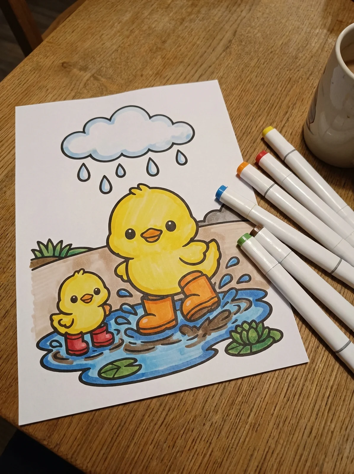 Ducklings Splashing in a Puddle coloring page printed and half colored with markers