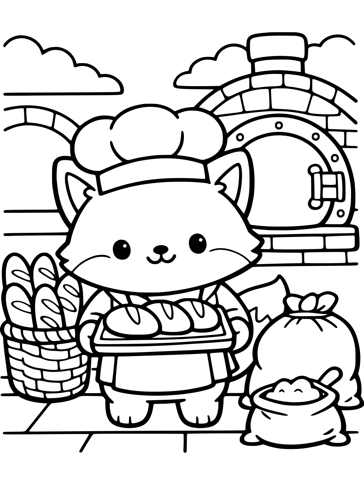 Fox Baker with Fresh Bread coloring page: a cute fox baker in a tall hat carries a tray of fresh loaves past a basket of baguettes, a flour sack and an oven, bold and easy line art