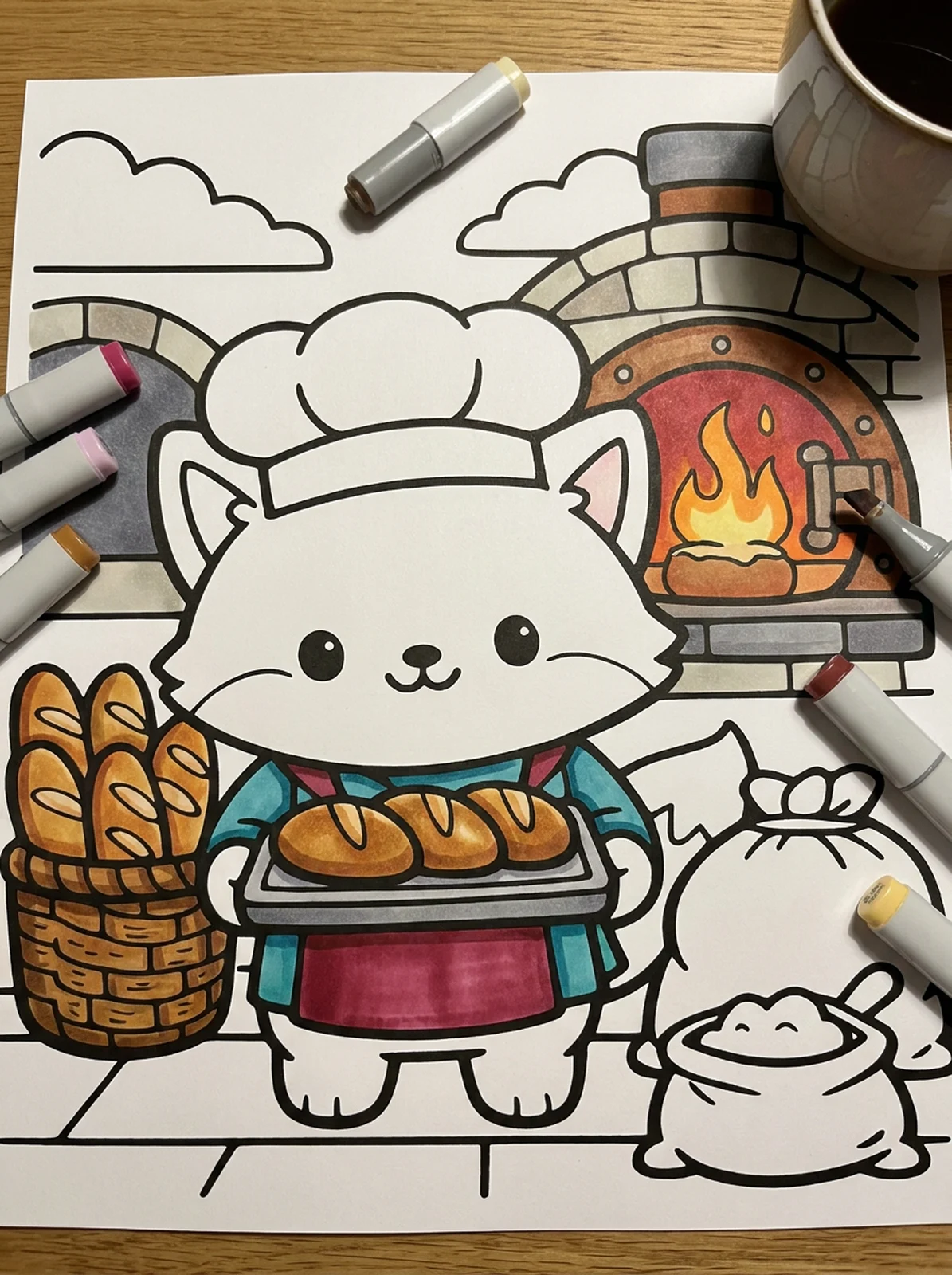 Fox Baker with Fresh Bread coloring page printed and half colored with markers