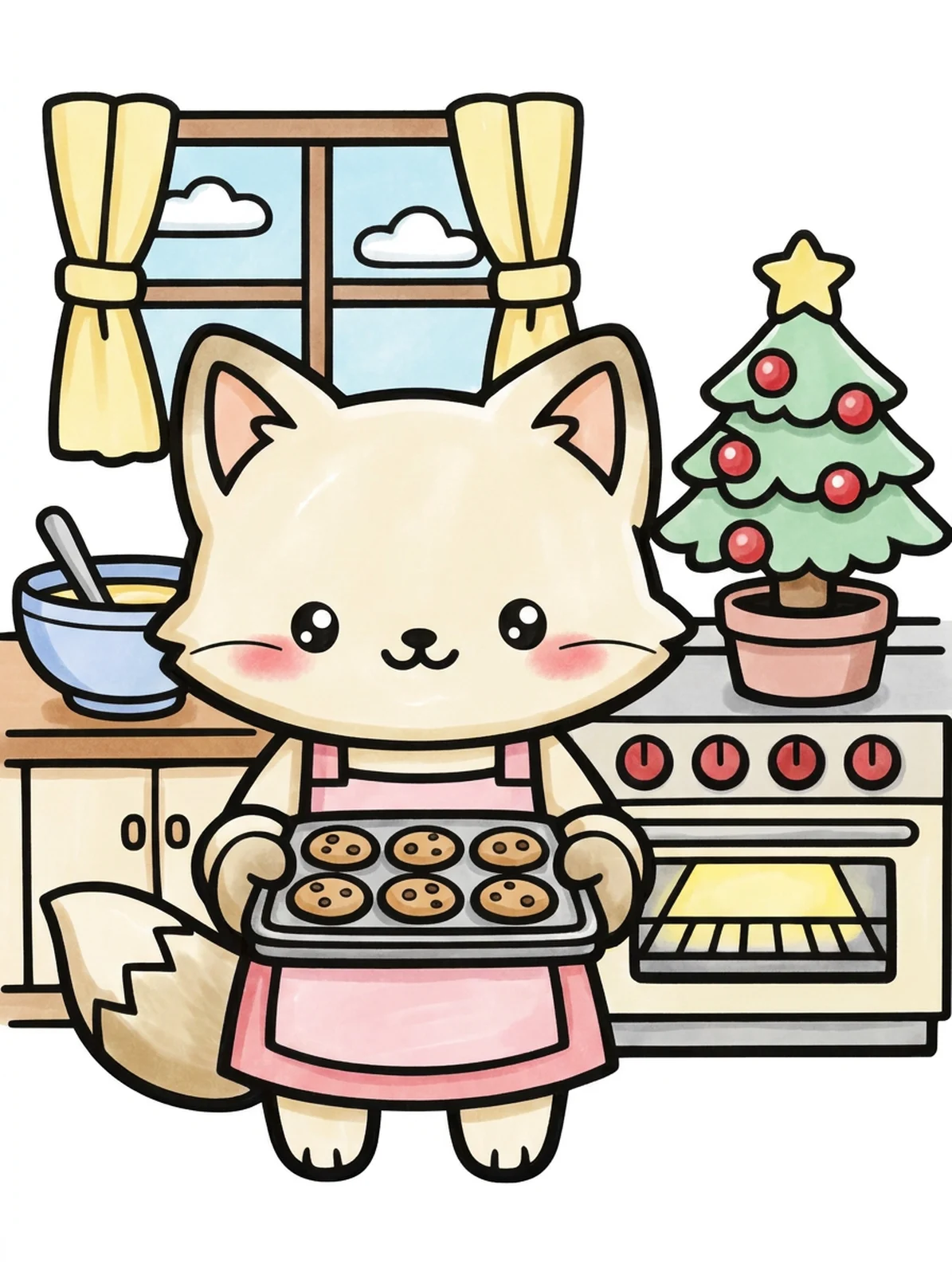 Fox Baking in a Christmas Kitchen coloring page, colored in