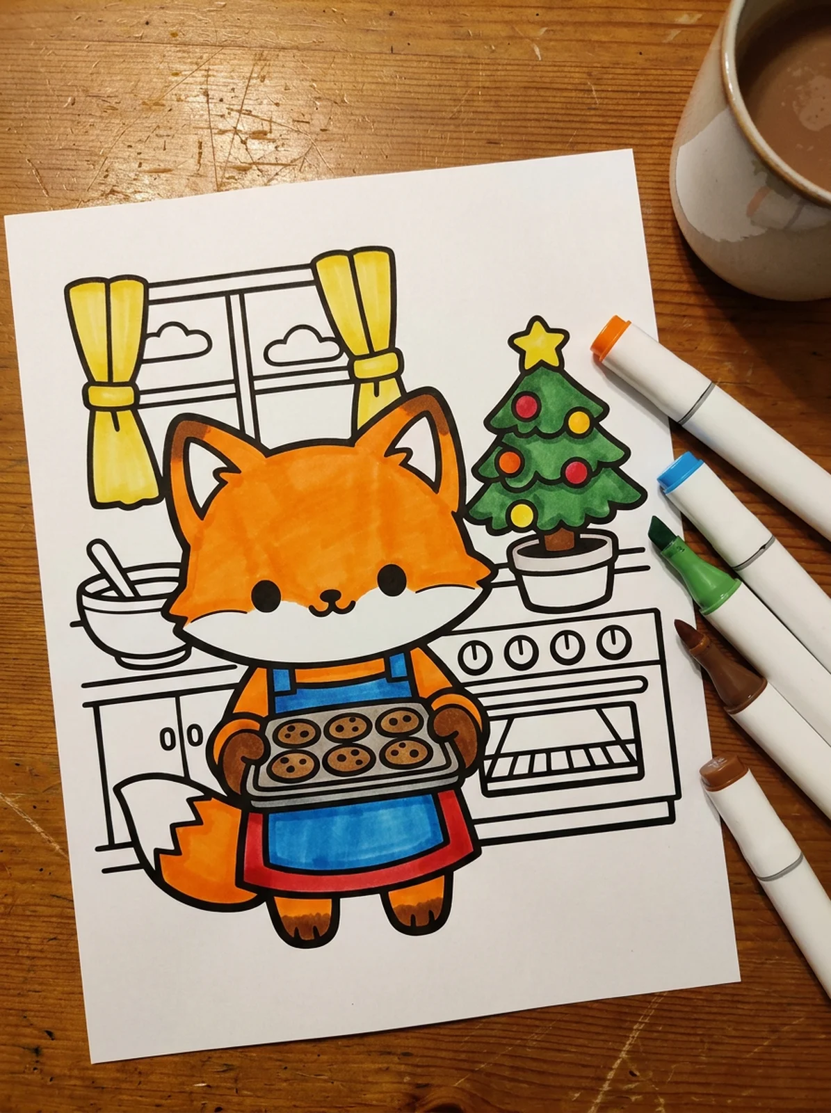 Fox Baking in a Christmas Kitchen coloring page printed and half colored with markers