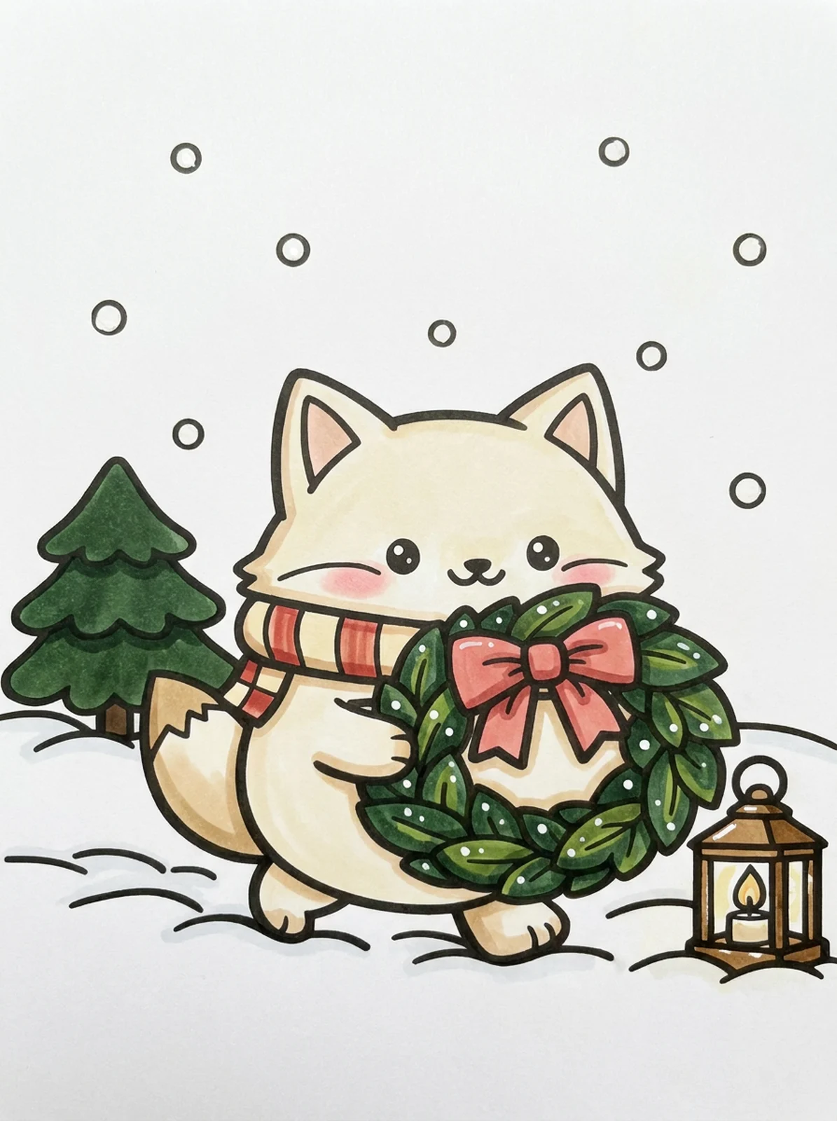 Fox Carrying a Christmas Wreath coloring page, colored in