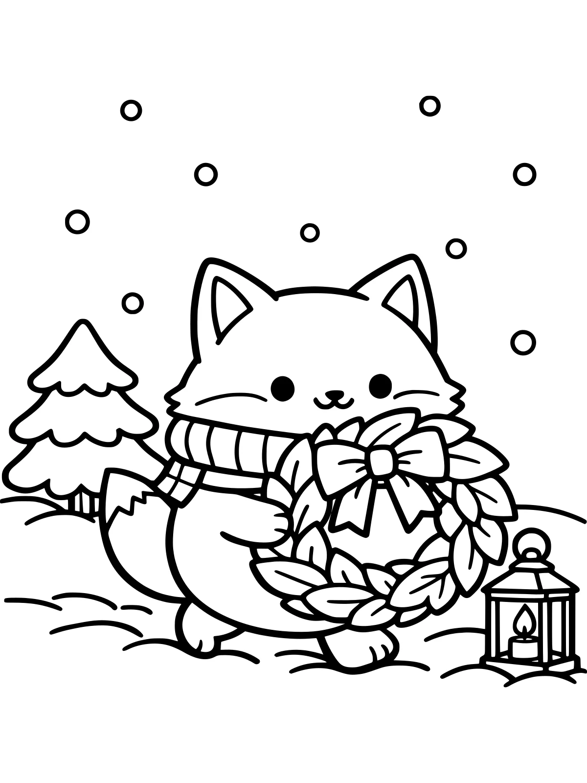 Fox Carrying a Christmas Wreath coloring page: a round fox in a scarf carries a big christmas wreath with a bow through the snow, past a little pine tree and a lantern, bold and easy line art