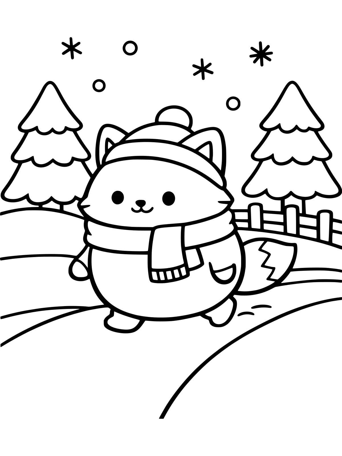 Fox's First Snow Walk in January coloring page: a round fox in a hat and scarf takes a first snowy walk of january over rolling hills, past two pine trees and a little wooden fence, bold and easy line art