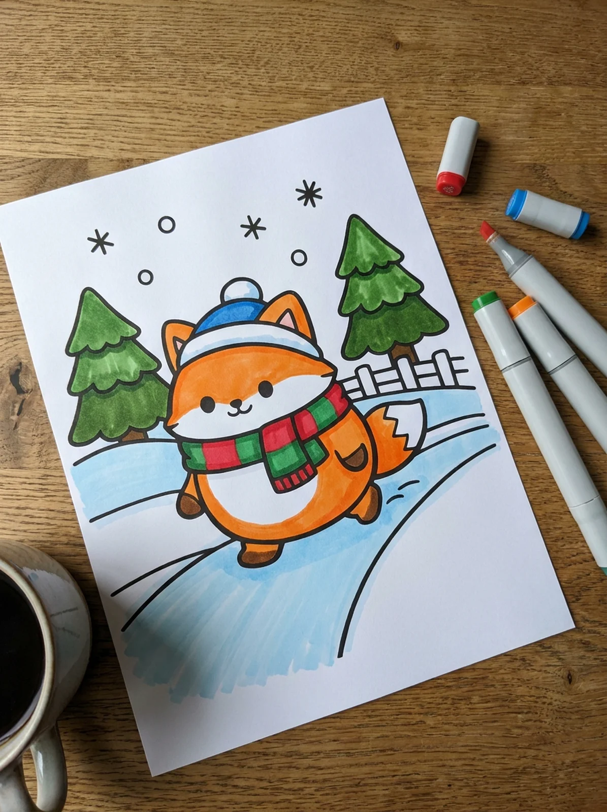 Fox's First Snow Walk in January coloring page printed and half colored with markers